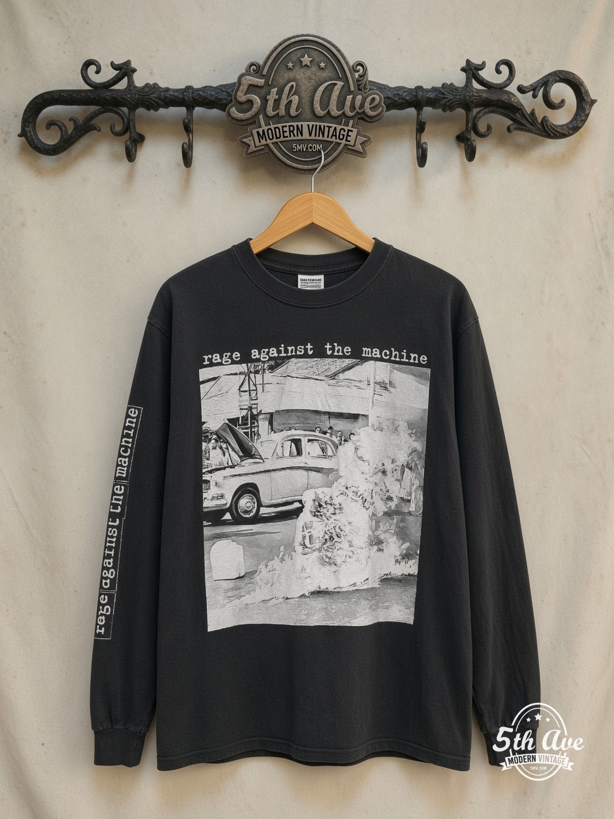 Rage Against the Machine – Burning Monk Classic Photo – Long Sleeve Vintage Band T-Shirt — front on locked cream ornate 5th Ave rack