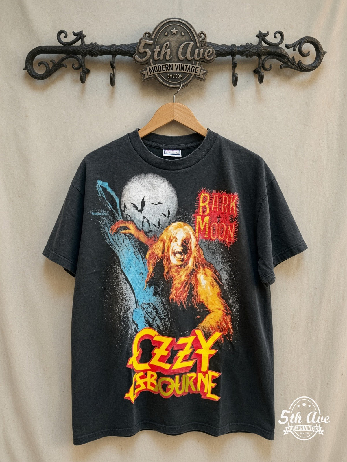 Ozzy Osbourne – Bark at the Moon – Vintage Band T-Shirt — front on locked cream ornate 5th Ave rack