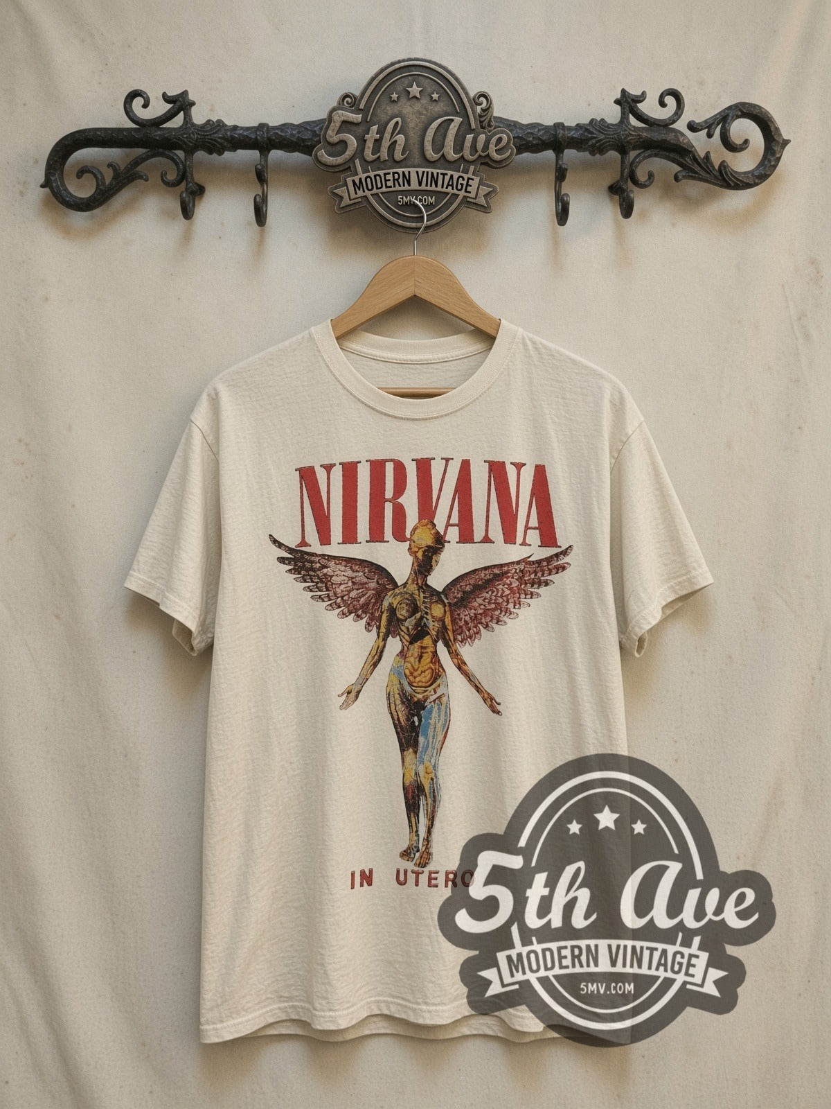 Nirvana In Utero Tour vintage band t-shirt, front view on a display rack