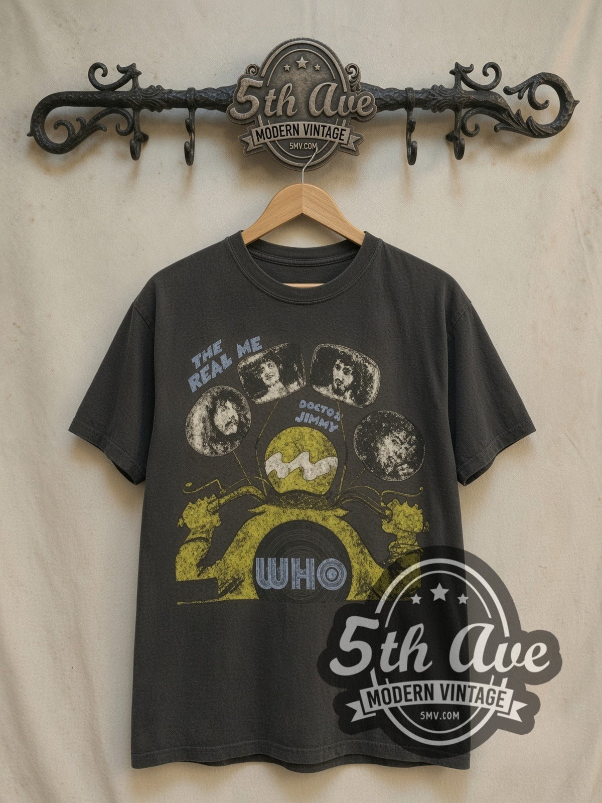 The Who vintage band t-shirt, front view on a display rack
