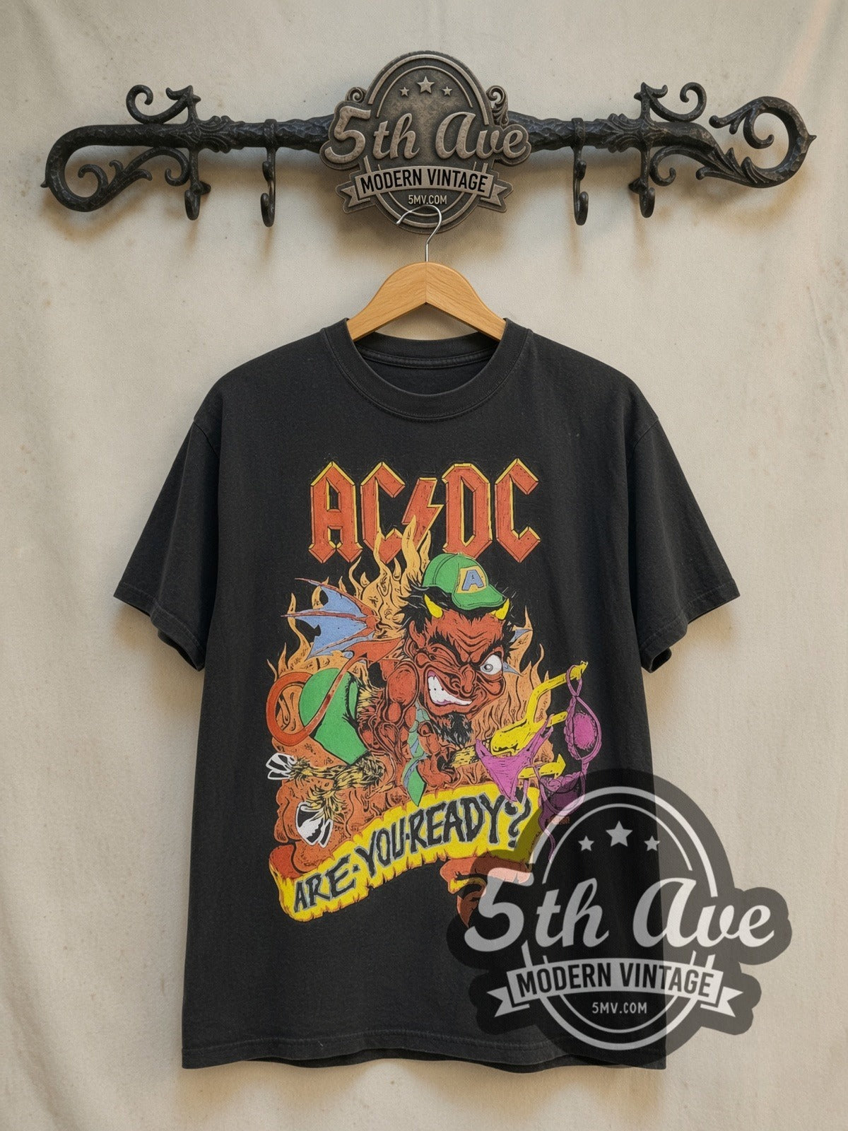 AC/DC Are You Ready? European Tour vintage band t-shirt in black, front view on a display rack
