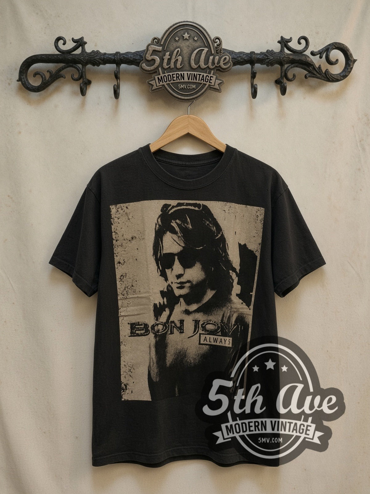 Bon Jovi Texas Groove vintage band t-shirt, front view on a display rack