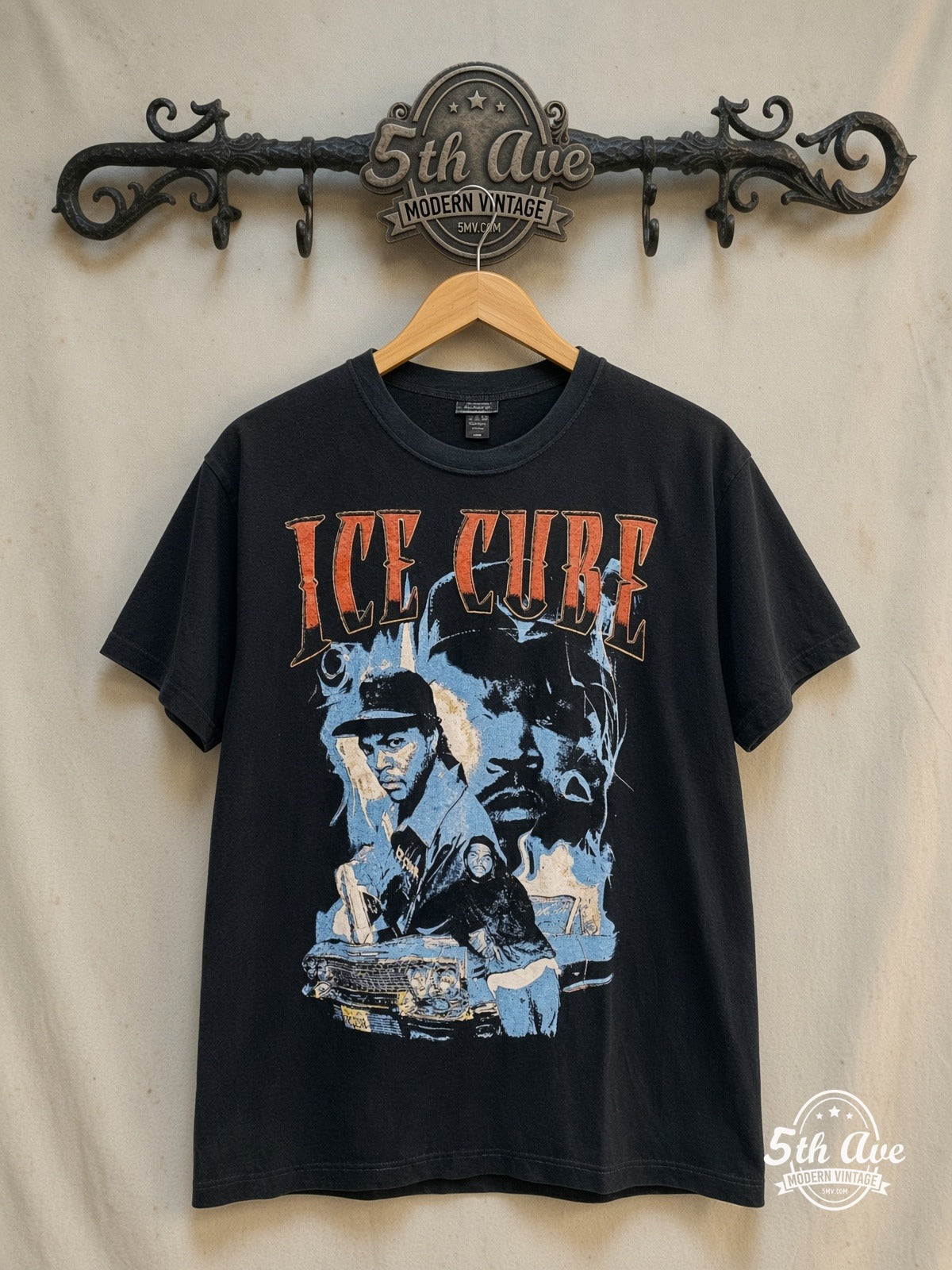 Ice Cube – Collage – Vintage Band T-Shirt — front on locked cream ornate 5th Ave rack