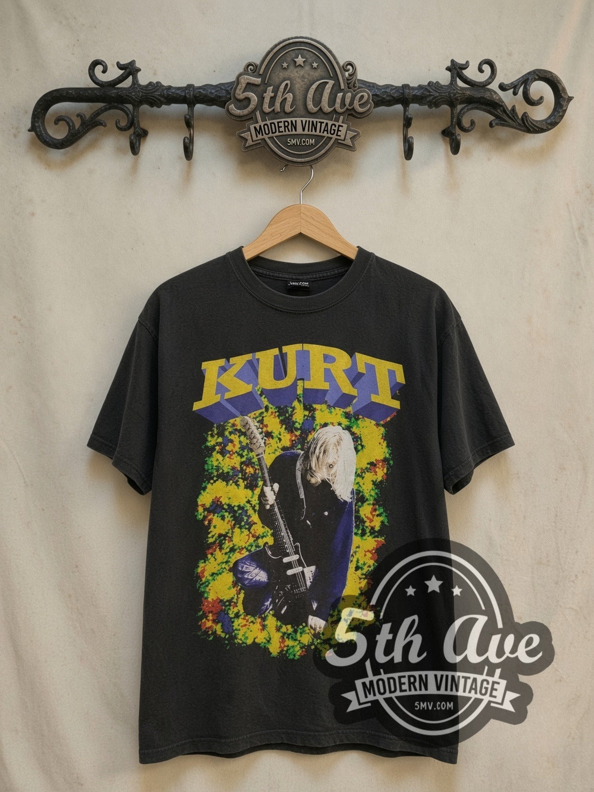 Nirvana Kurt 3D Lettering Blue Eyes Guitar Memorial vintage band t-shirt, front view on the 5MV rack