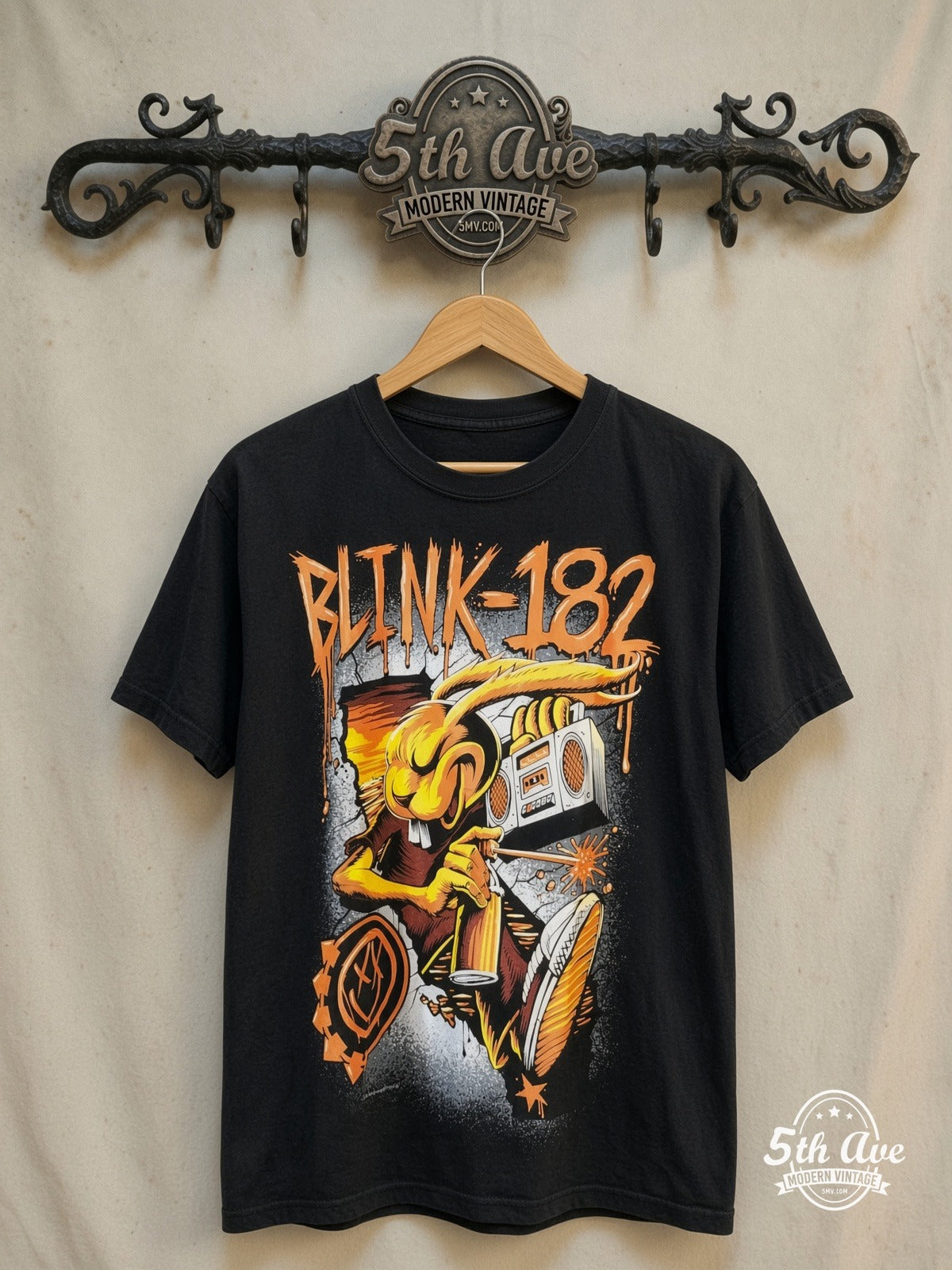 Blink-182 – Punk Bunny – Vintage Band T-Shirt — front on locked cream ornate 5th Ave rack