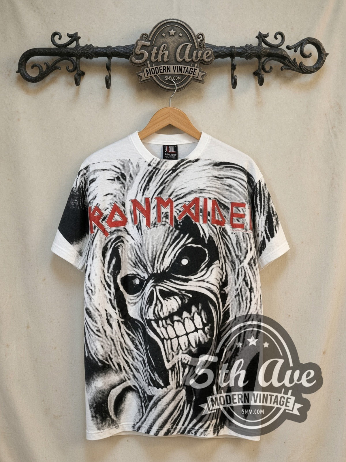Iron Maiden Killers all-over-print vintage band t-shirt, front view on the 5MV rack