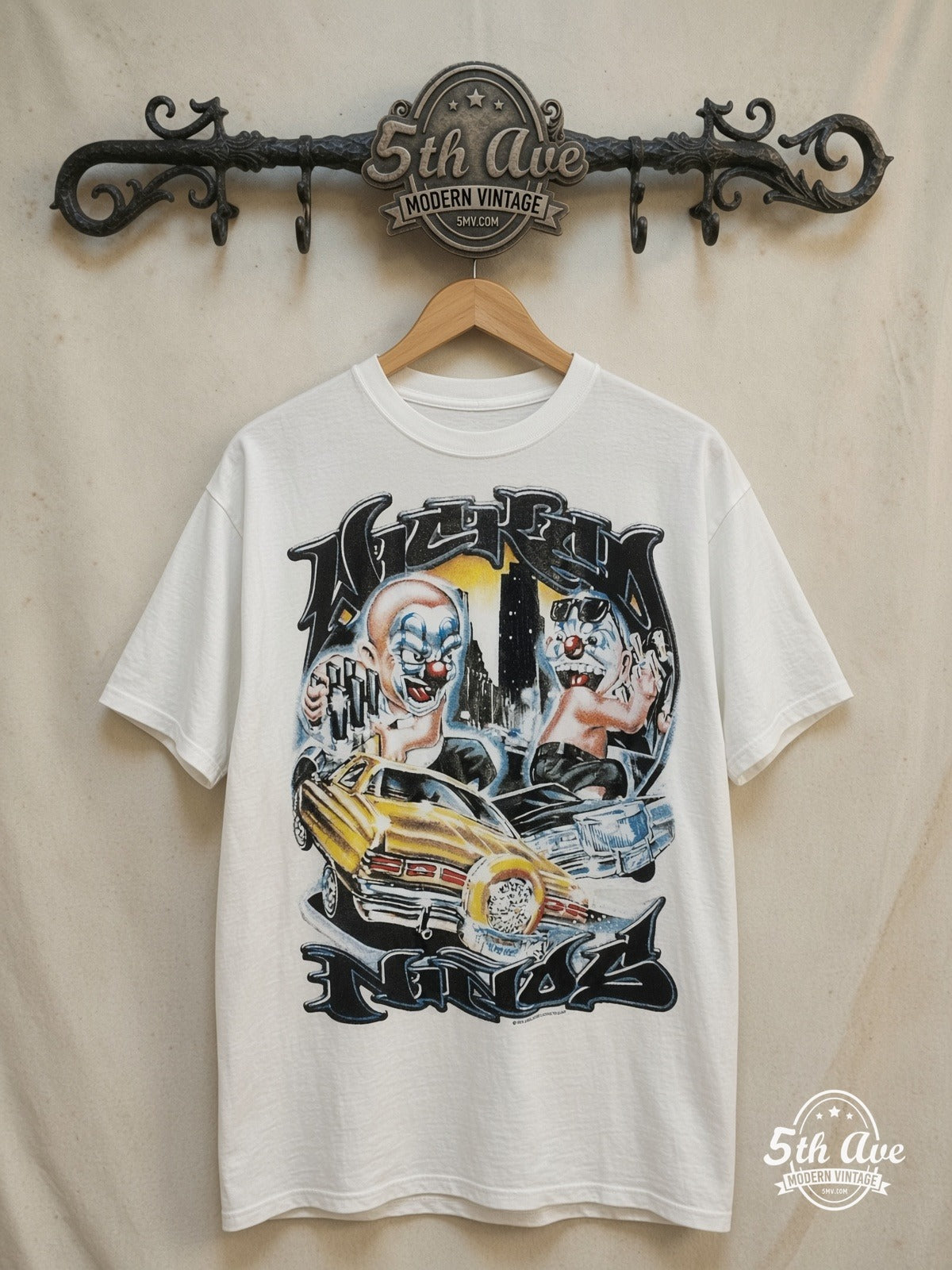 Rollin Hard – Lowrider Clowns Unleashed – Vintage Graphic Tee — front on locked cream ornate 5th Ave rack
