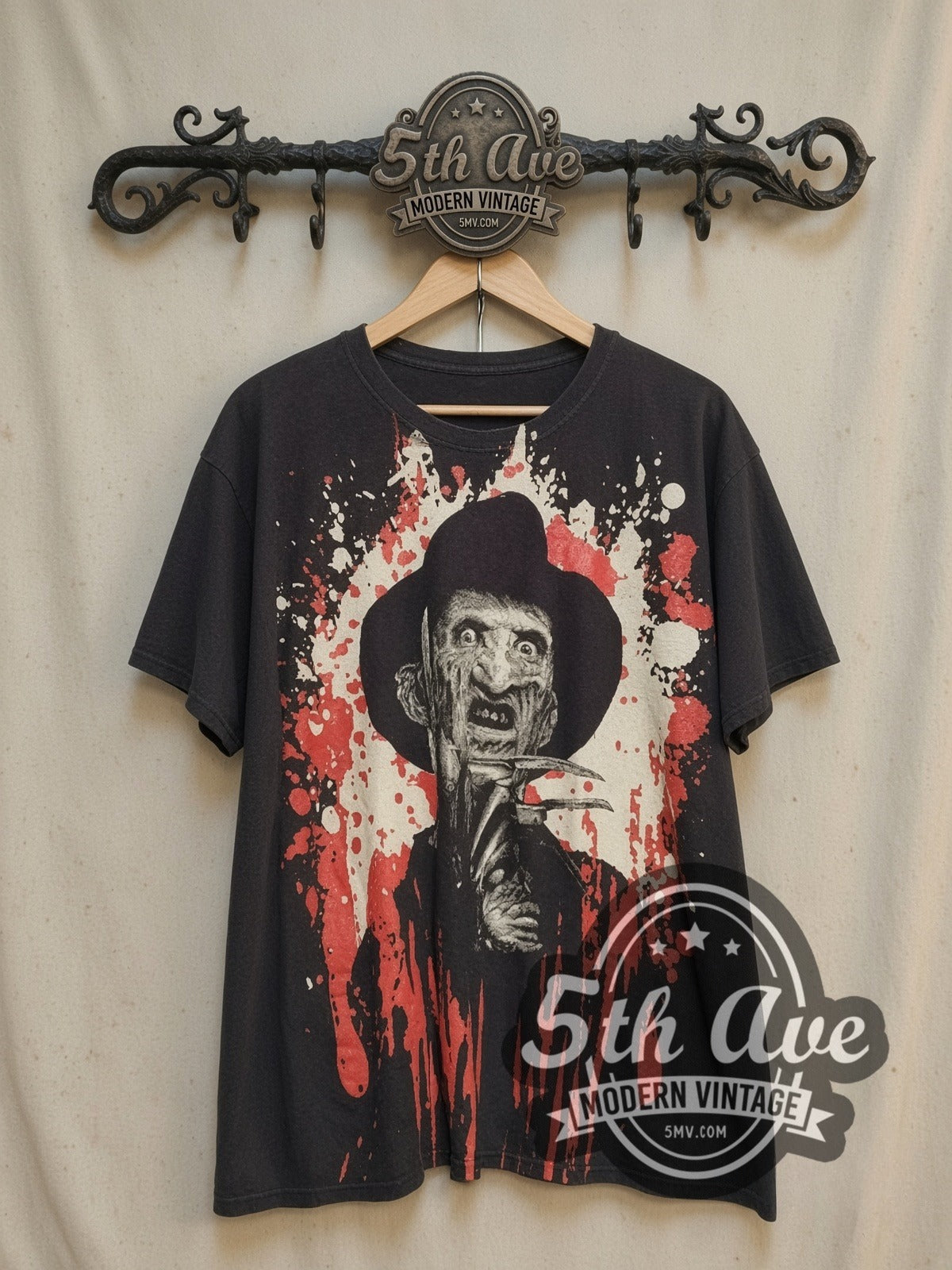 Freddy Krueger Nightmare Horror Graphic all-over-print vintage movie tee, front view on the 5MV rack
