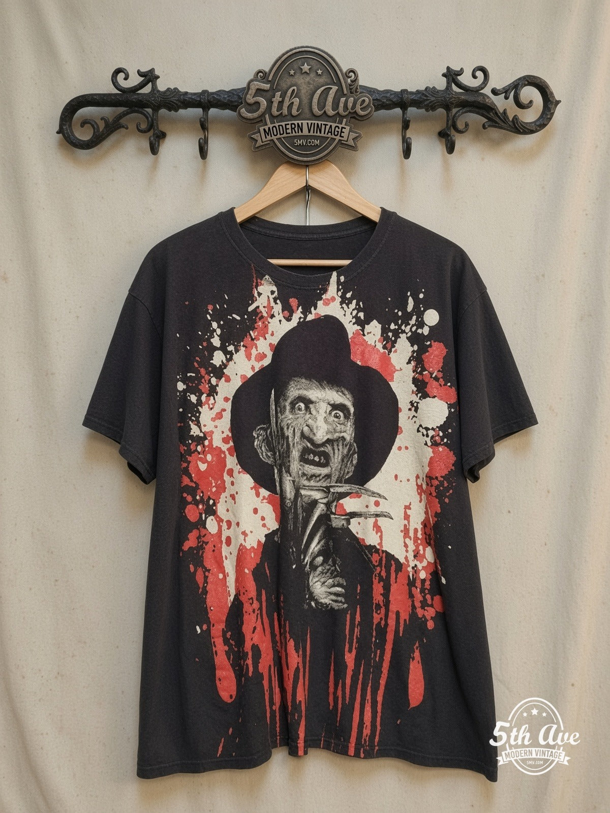 Freddy Krueger – Nightmare Horror Graphic – Vintage Movie Tee – All Over Print — front on locked cream ornate 5th Ave rack