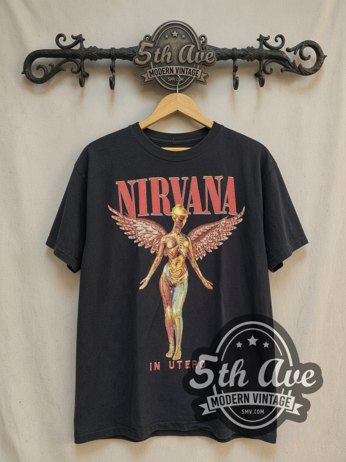 Nirvana In Utero Red Outline Angel Pink Wings vintage band t-shirt, front view on the 5MV rack