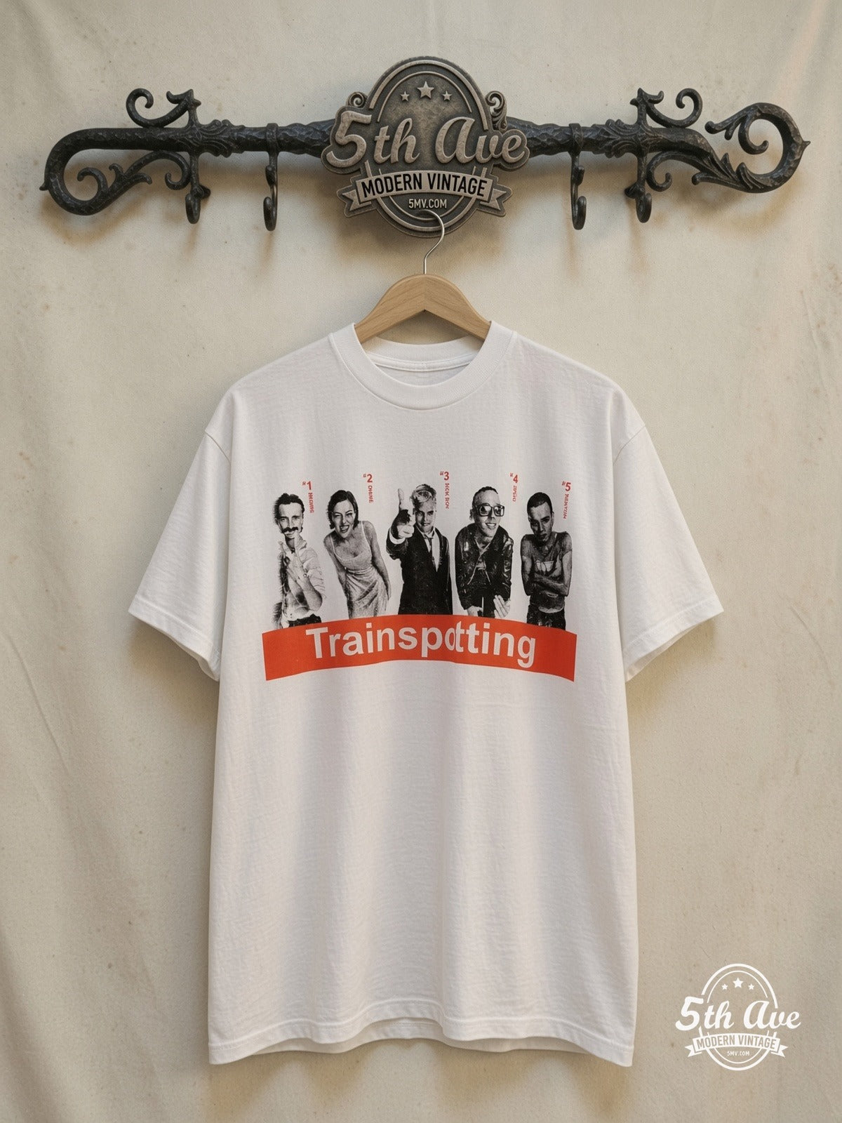 Trainspotting – Trainspotting – Vintage Movie Tee — front on locked cream ornate 5th Ave rack