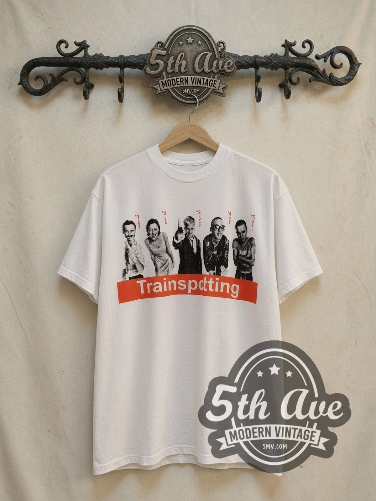 Trainspotting Cast Photo vintage movie t-shirt in white, front view on a display rack