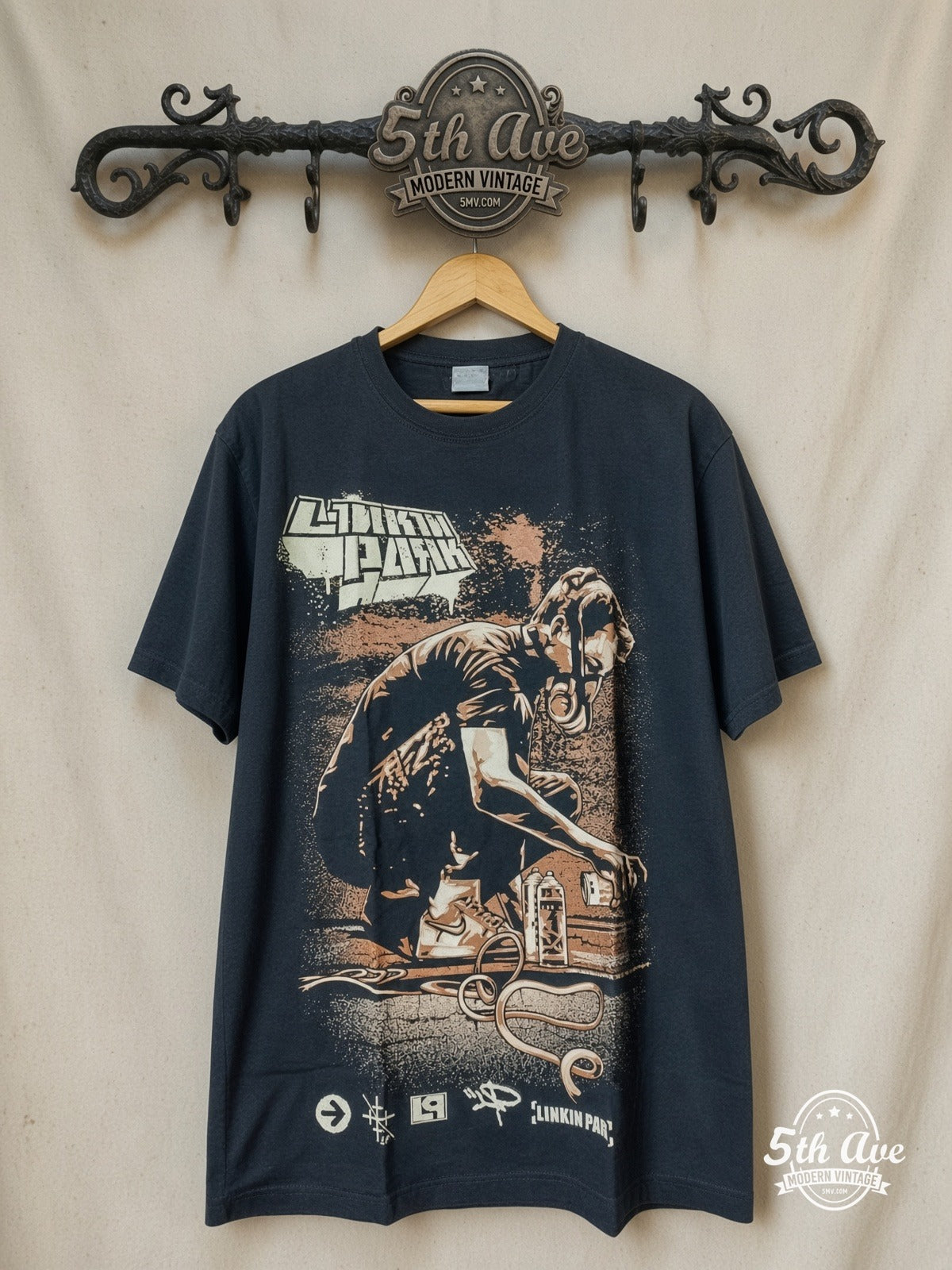 Linkin Park – Retro Graphic – Vintage Band T-Shirt — front on locked cream ornate 5th Ave rack