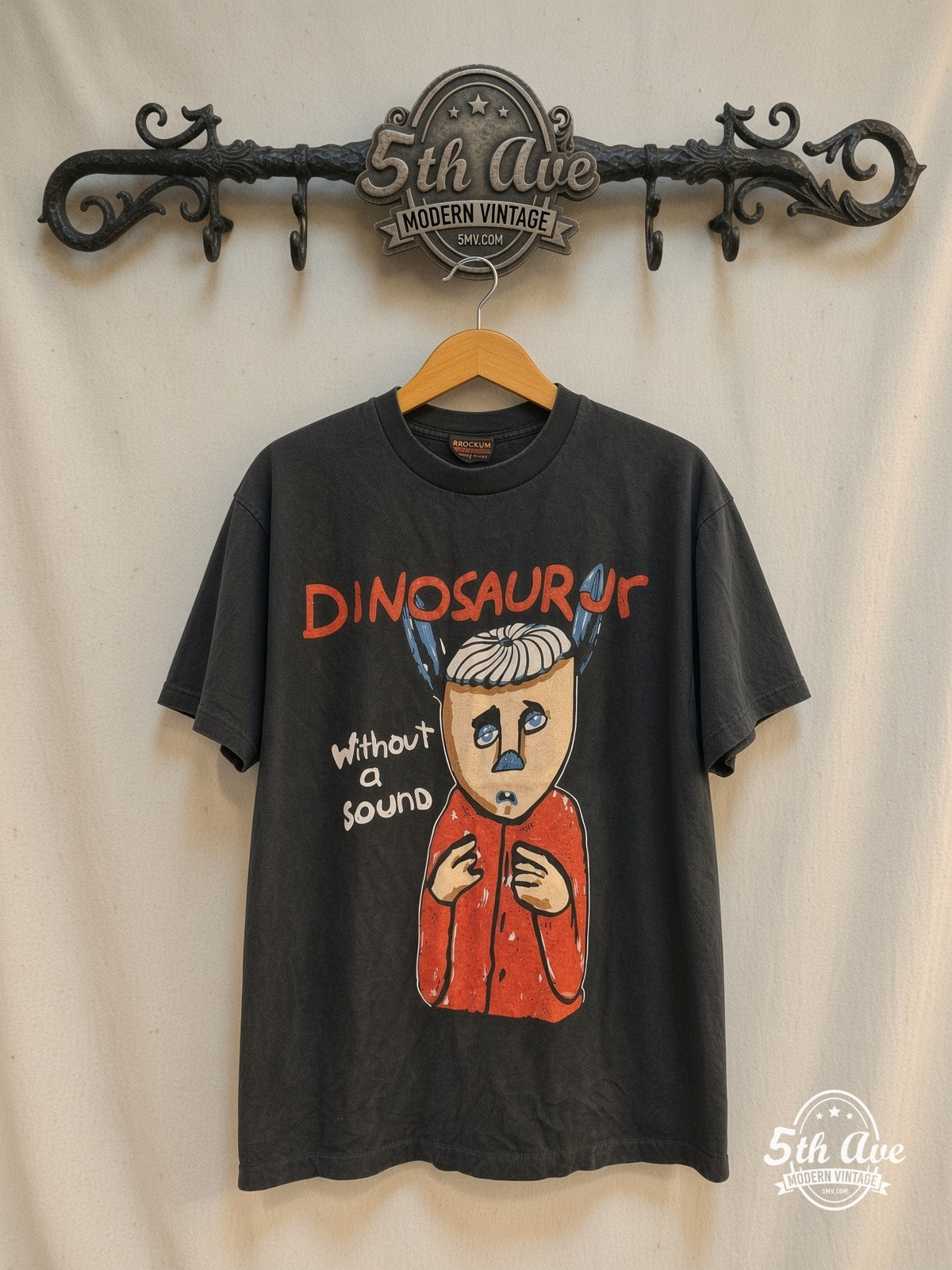 Dinosaur Jr. – Without a Sound Yellow Back – Vintage Band T-Shirt — front on locked cream ornate 5th Ave rack