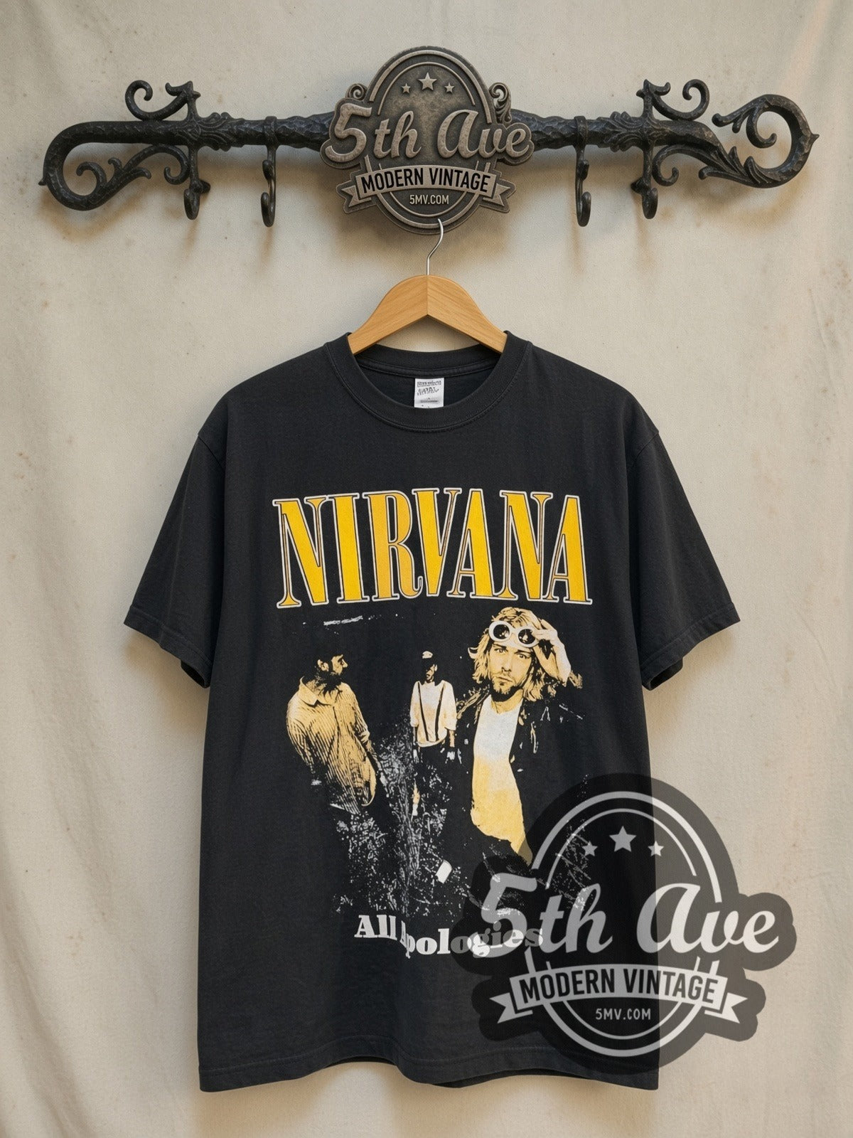 Nirvana All Apologies vintage band t-shirt in black, front view on the 5MV rack
