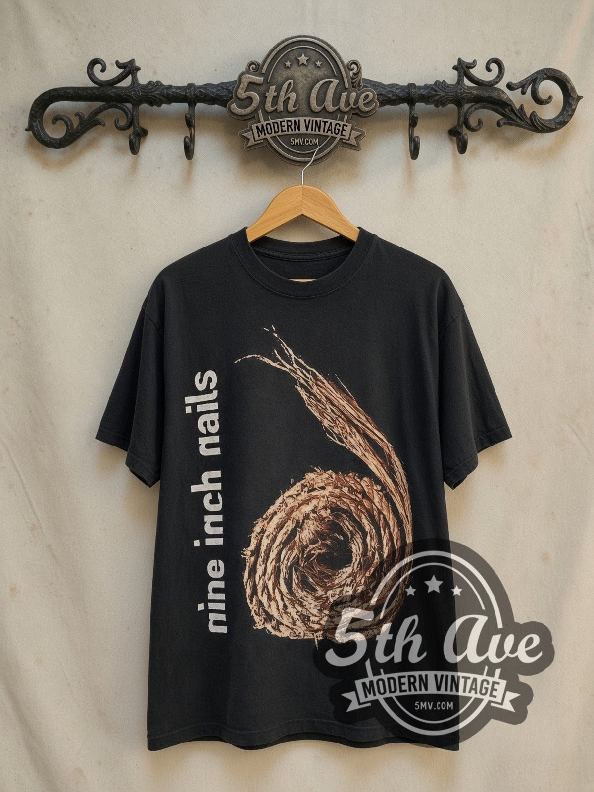 Nine Inch Nails Further Down the Spiral Black Coiled Rope vintage band t-shirt in black, front view on the 5MV rack