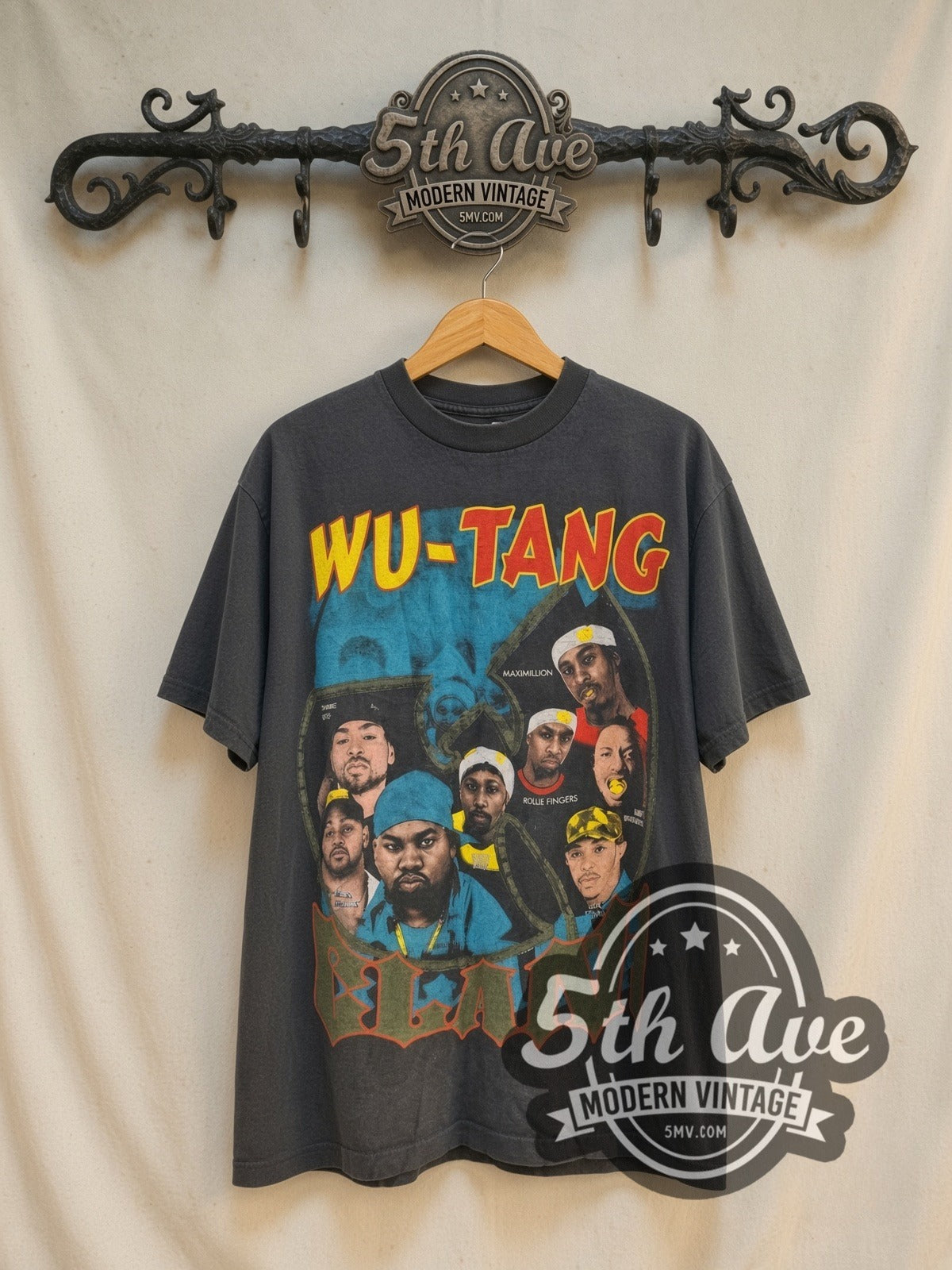 Wu-Tang Clan / Raekwon Ice Cream vintage band t-shirt in black, front view on a display rack