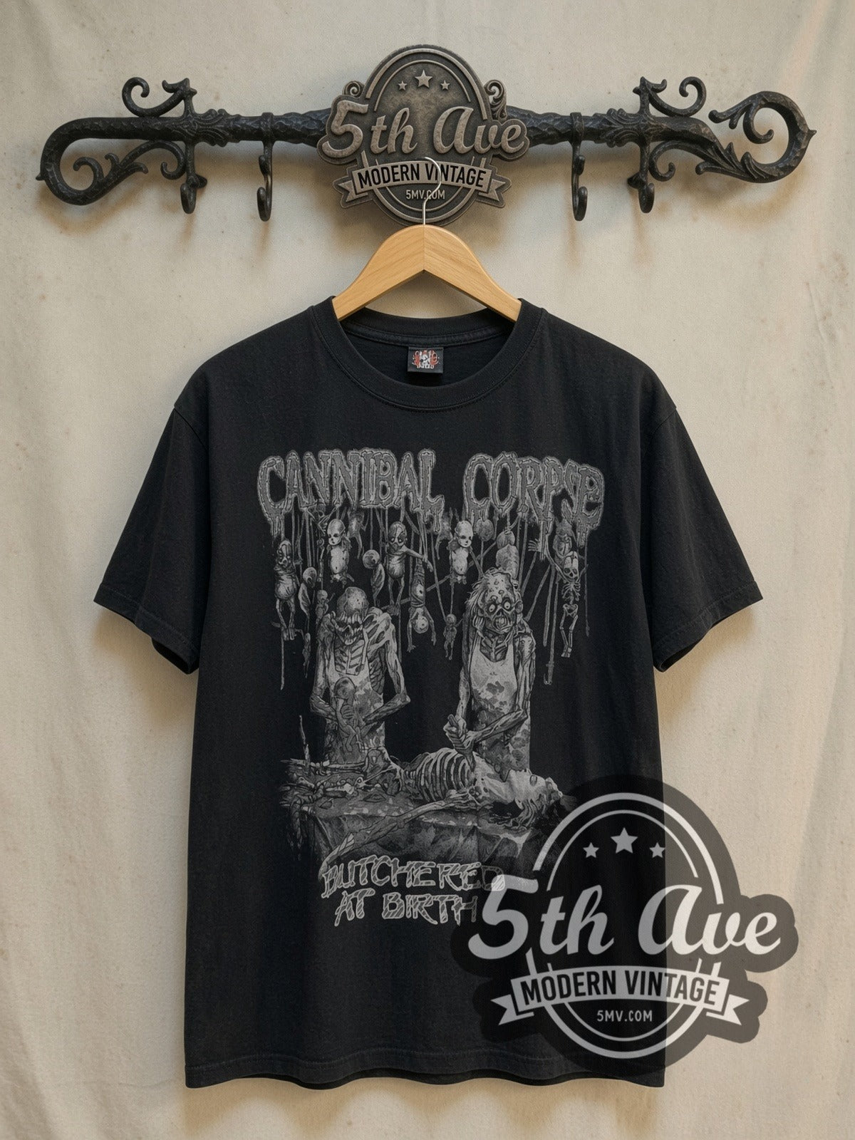 Cannibal Corpse Butchered at Birth vintage band t-shirt, front view on the 5MV rack