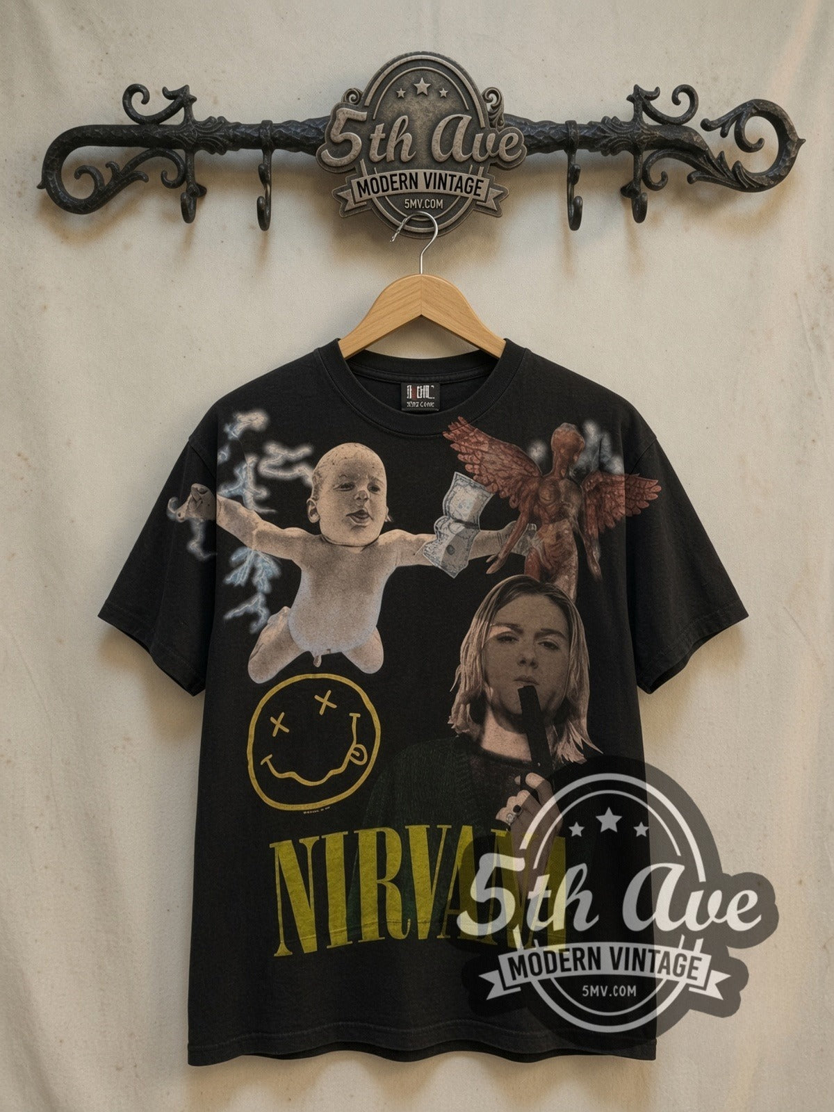 Nirvana Nevermind Baby Smiley Kurt Collage all-over-print vintage band t-shirt, front view on the 5MV rack