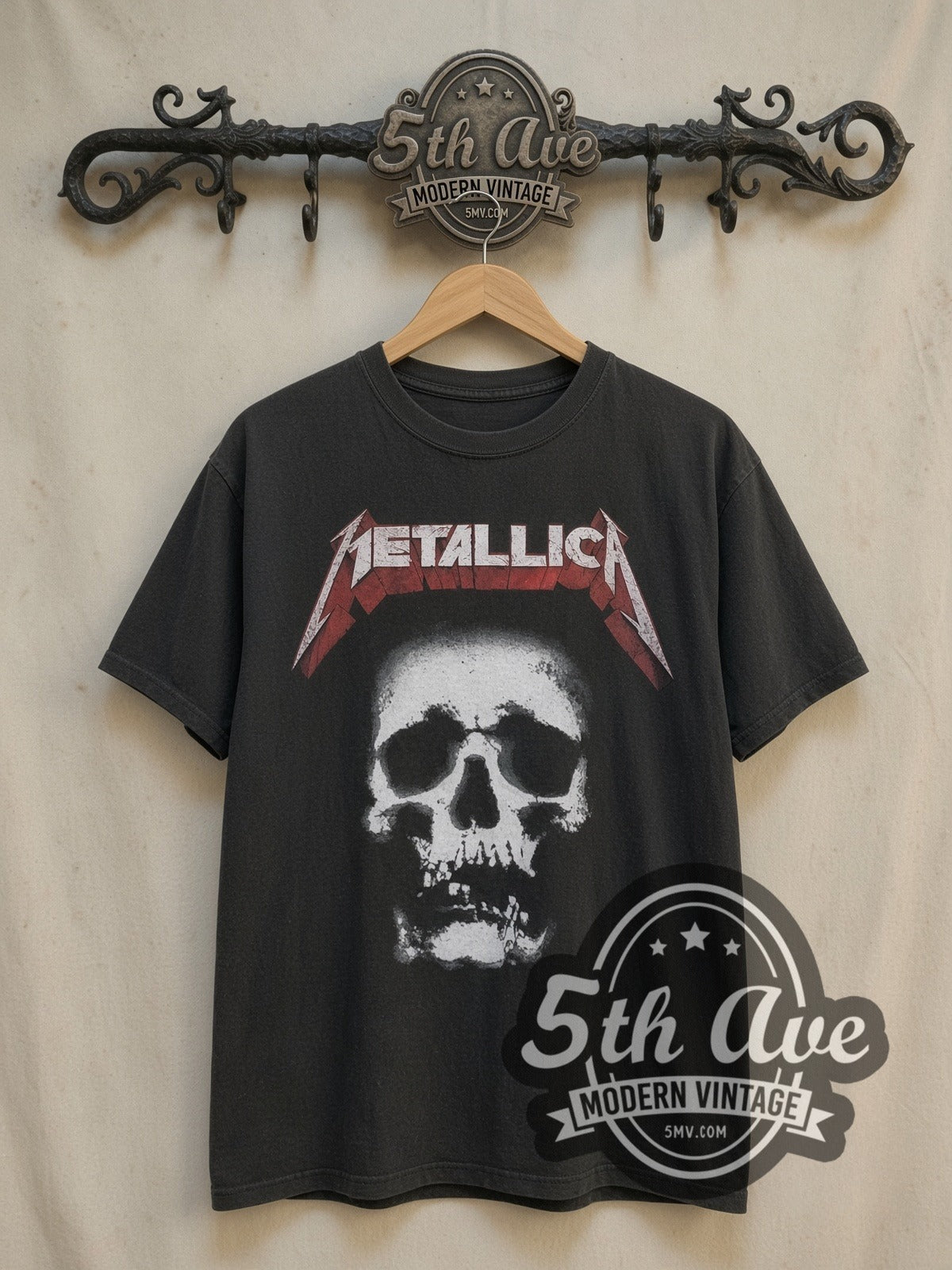Metallica Skull Logo vintage band t-shirt, front view on the 5MV rack