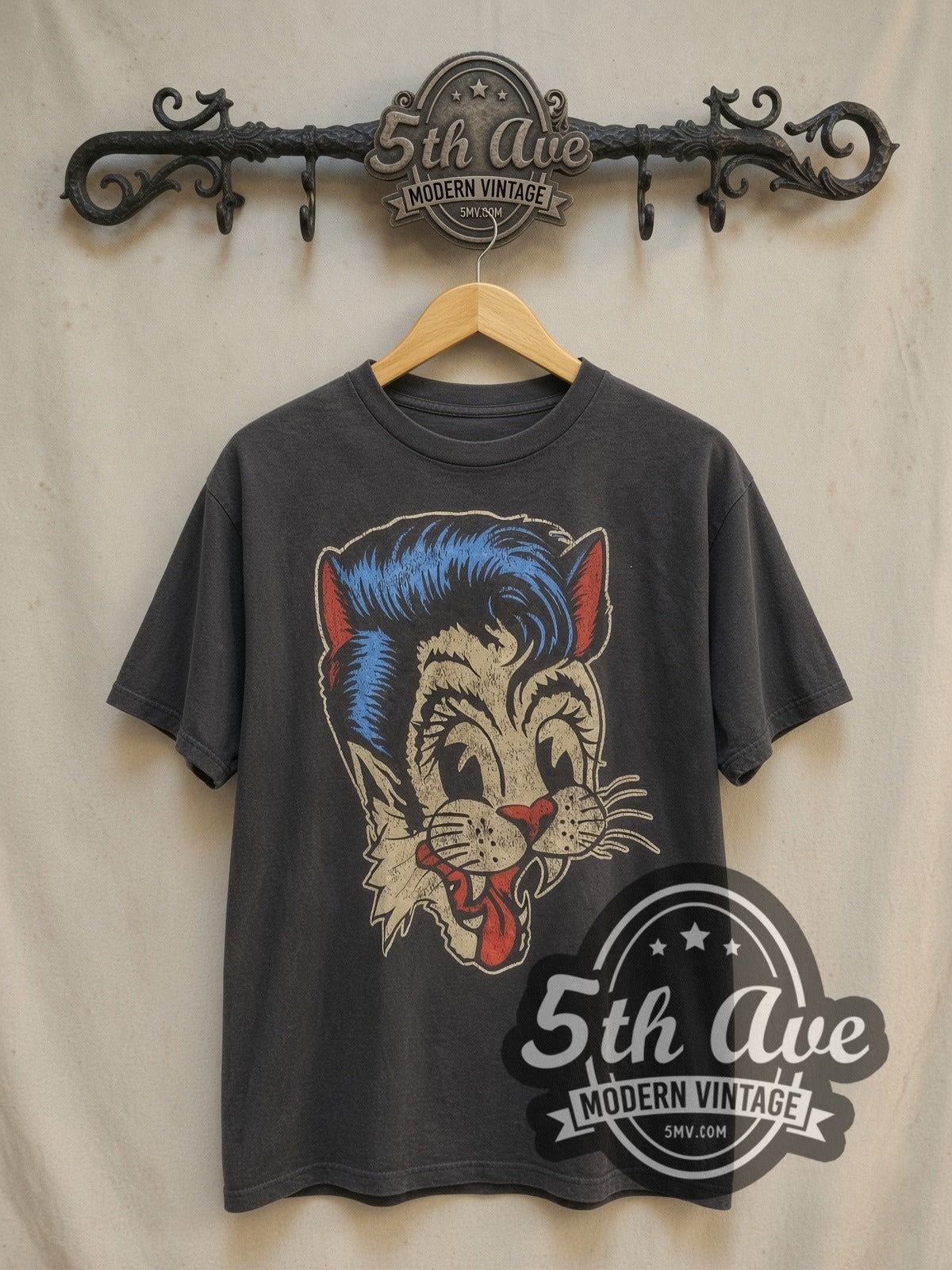 Stray Cats Blue Pompadour Cat Logo vintage band t-shirt, front view on a display rack