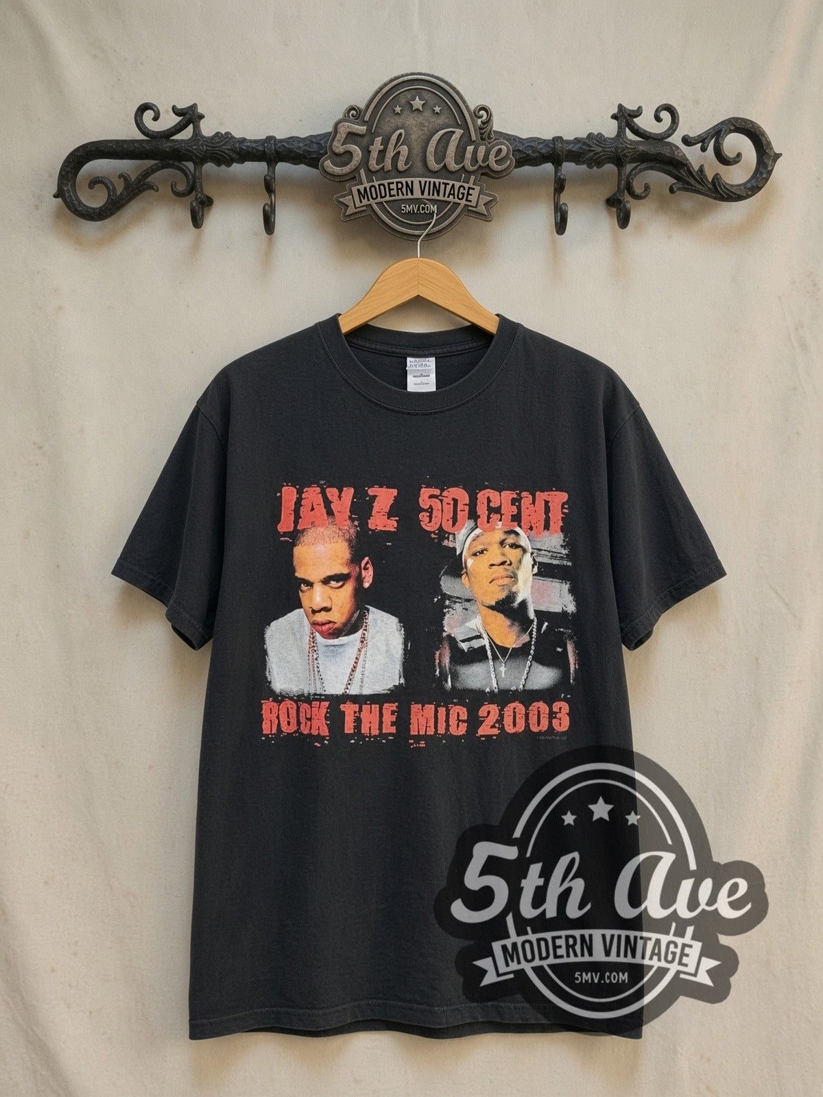 Jay-Z and 50 Cent Jay-Z 50 Cent "Rock The Mic 2003" vintage rap tee in black, front view on a display rack
