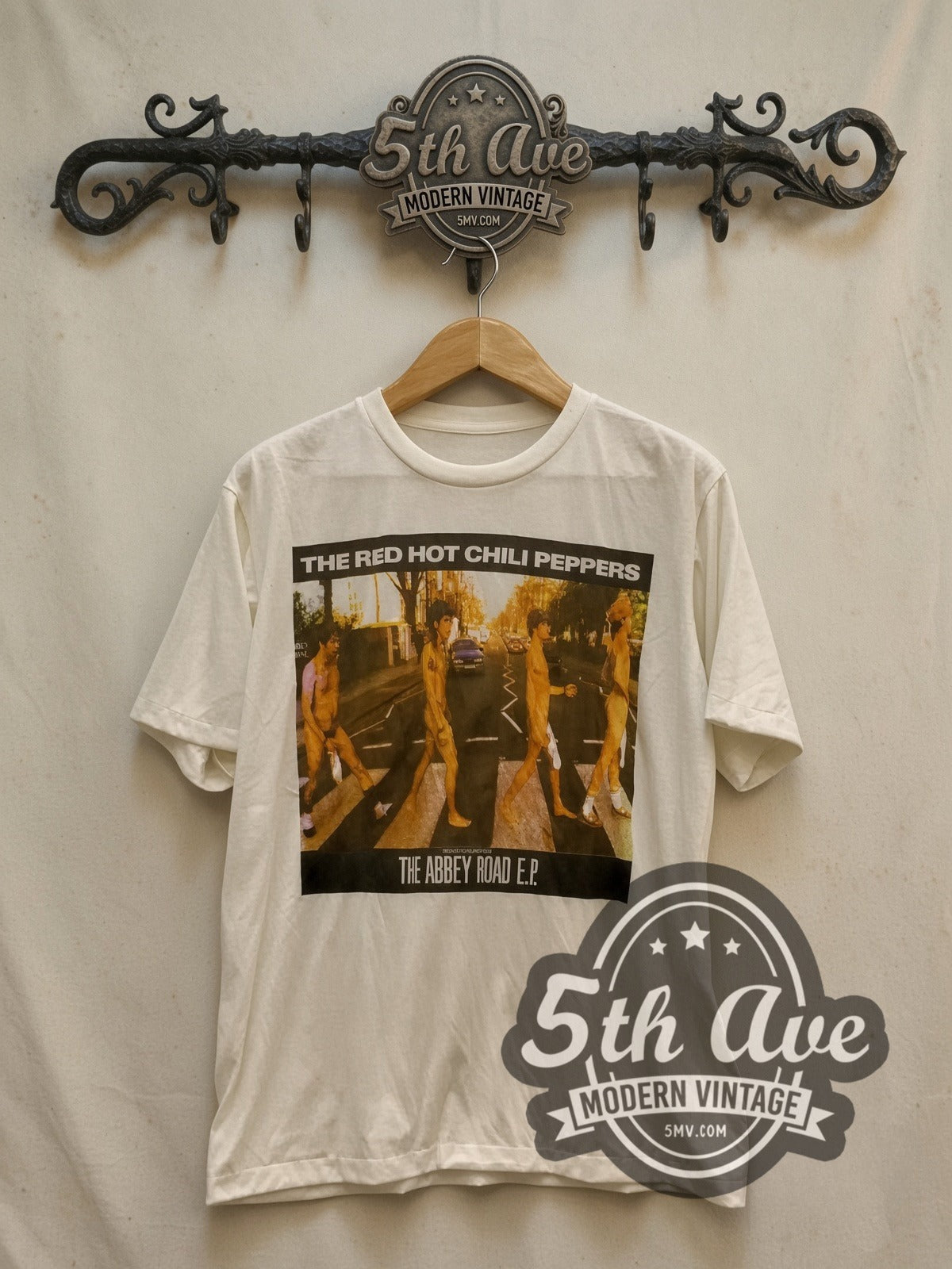 Red Hot Chili Peppers The Abbey Road E.P. Crossing vintage band t-shirt, front view on a display rack