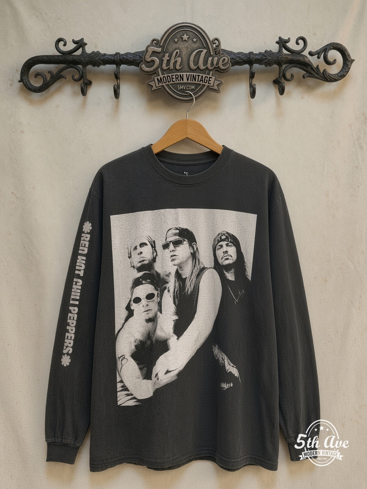 Red Hot Chili Peppers – Out in L.A. Long Sleeve – Vintage Band T-Shirt — front on locked cream ornate 5th Ave rack