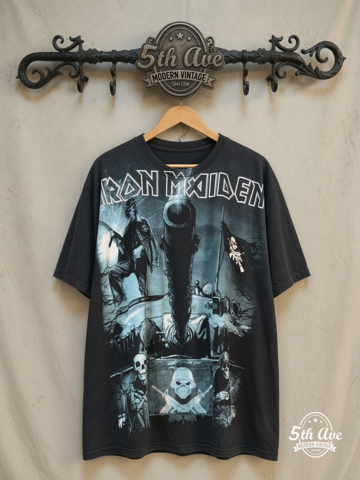 Iron Maiden – A Matter of Life and Death All Over Print T-Shirt – Vintage Band T-Shirt — front on locked cream ornate 5th Ave rack