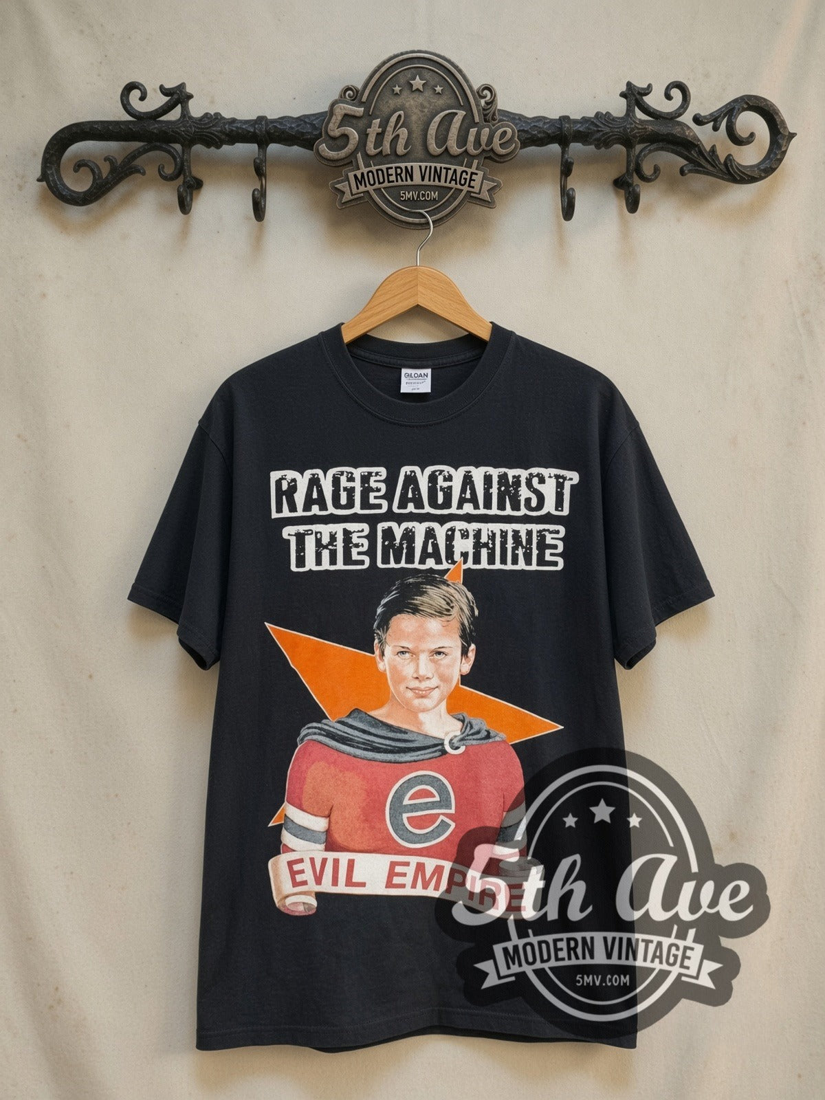 Rage Against the Machine Evil Empire Boy Orange Star Back vintage band t-shirt in black, front view on the 5MV rack