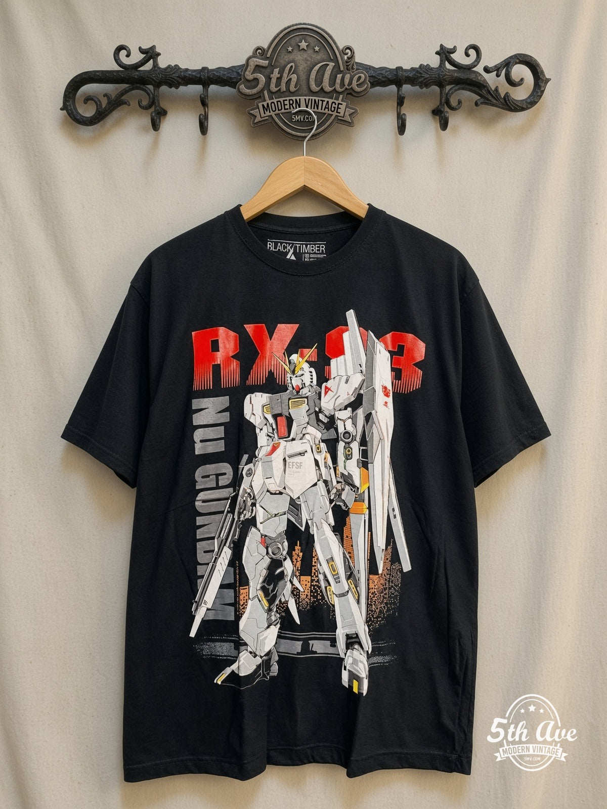 Gundam RX-93 – New Vintage Anime Tee — front on locked cream ornate 5th Ave rack