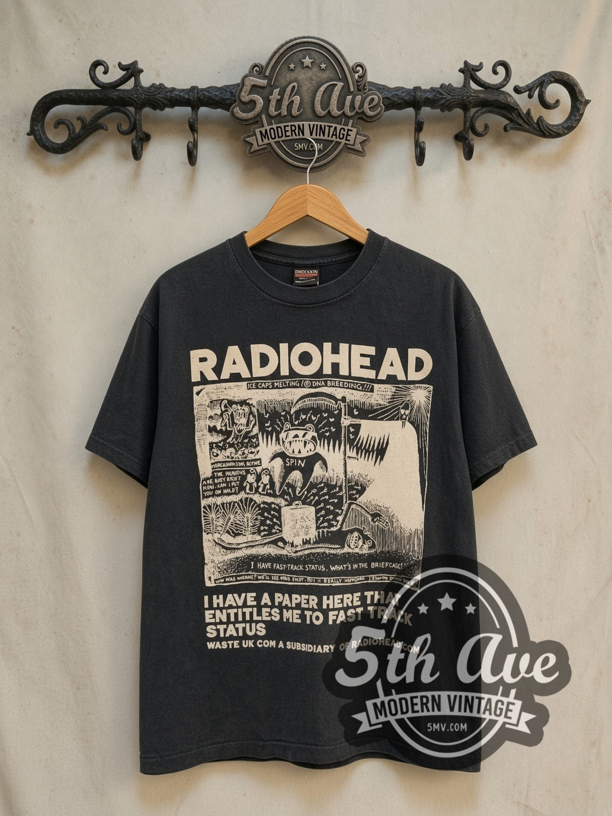 Radiohead Fast Track vintage band t-shirt in black, front view on the 5MV rack