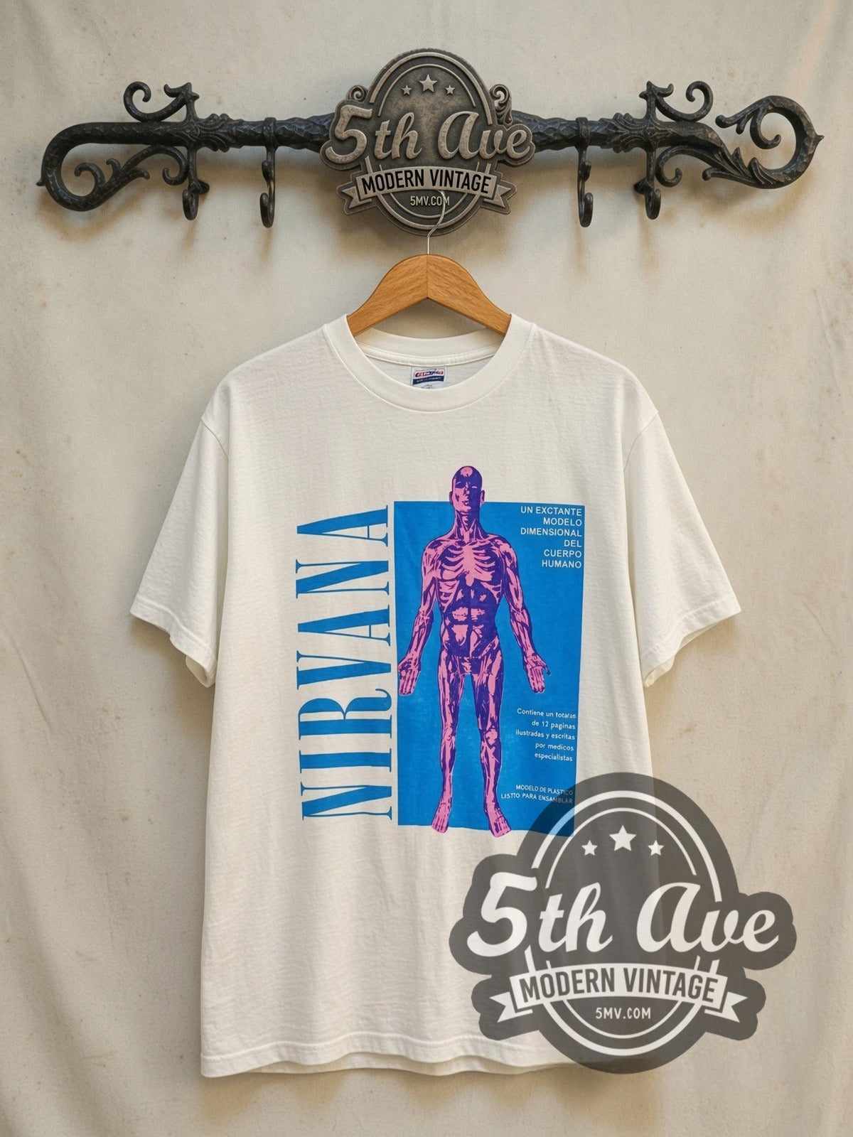 Nirvana Sliver Spanish Text Anatomical Figure vintage band t-shirt in white, front view on the 5MV rack