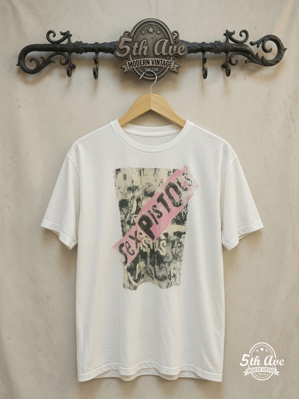 Sex Pistols – Vintage Band T-Shirt — front on locked cream ornate 5th Ave rack