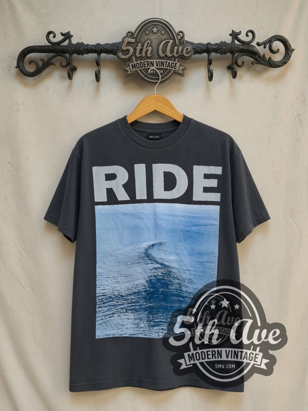 Ride Nowhere vintage band t-shirt in black, front view on a display rack
