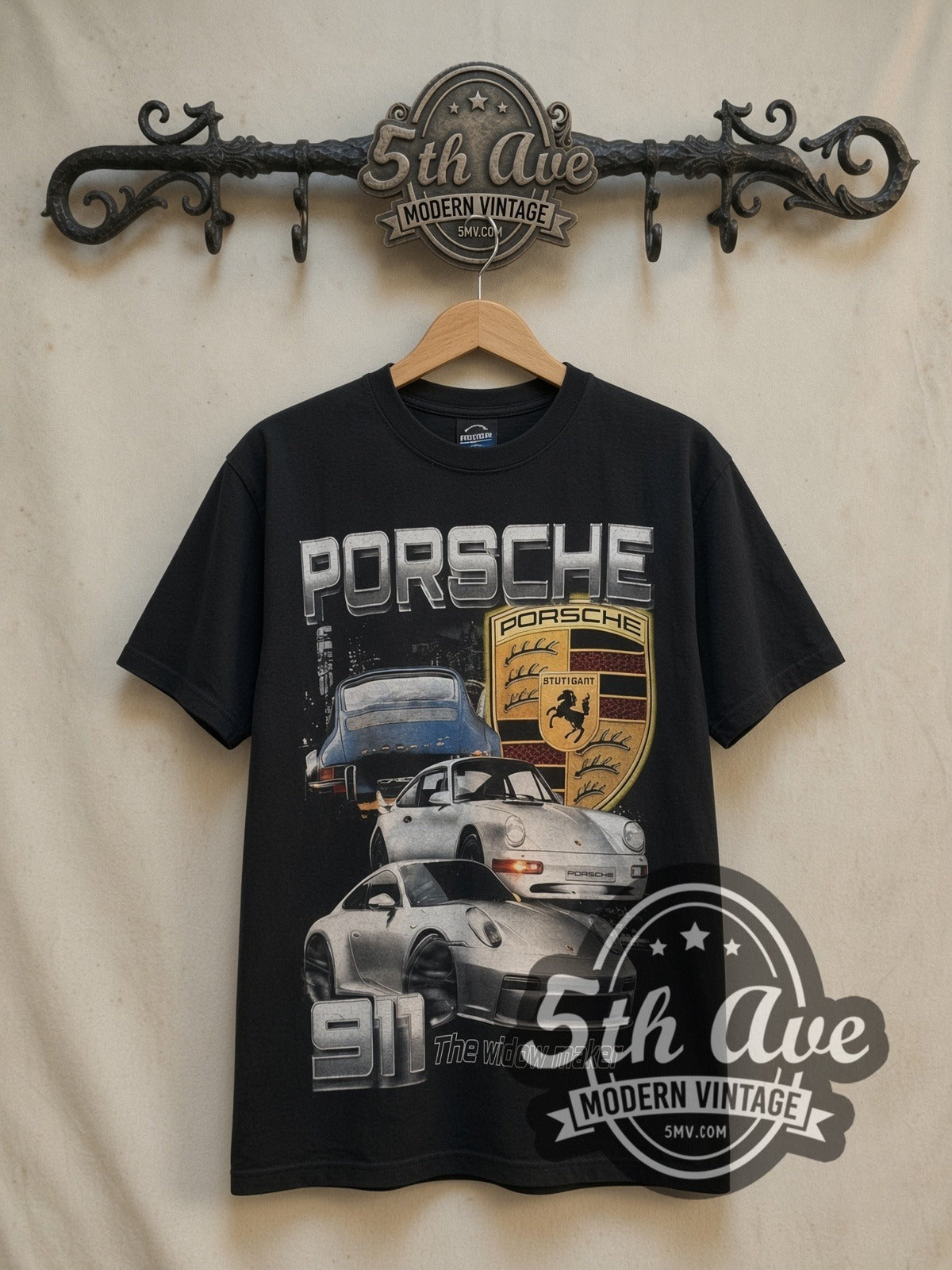 Porsche single stitch vintage graphic tee, front view on the 5MV rack