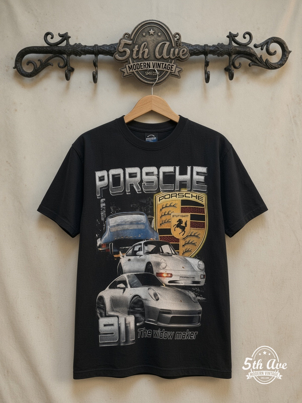Porsche single stitch T-Shirt — front on locked cream ornate 5th Ave rack