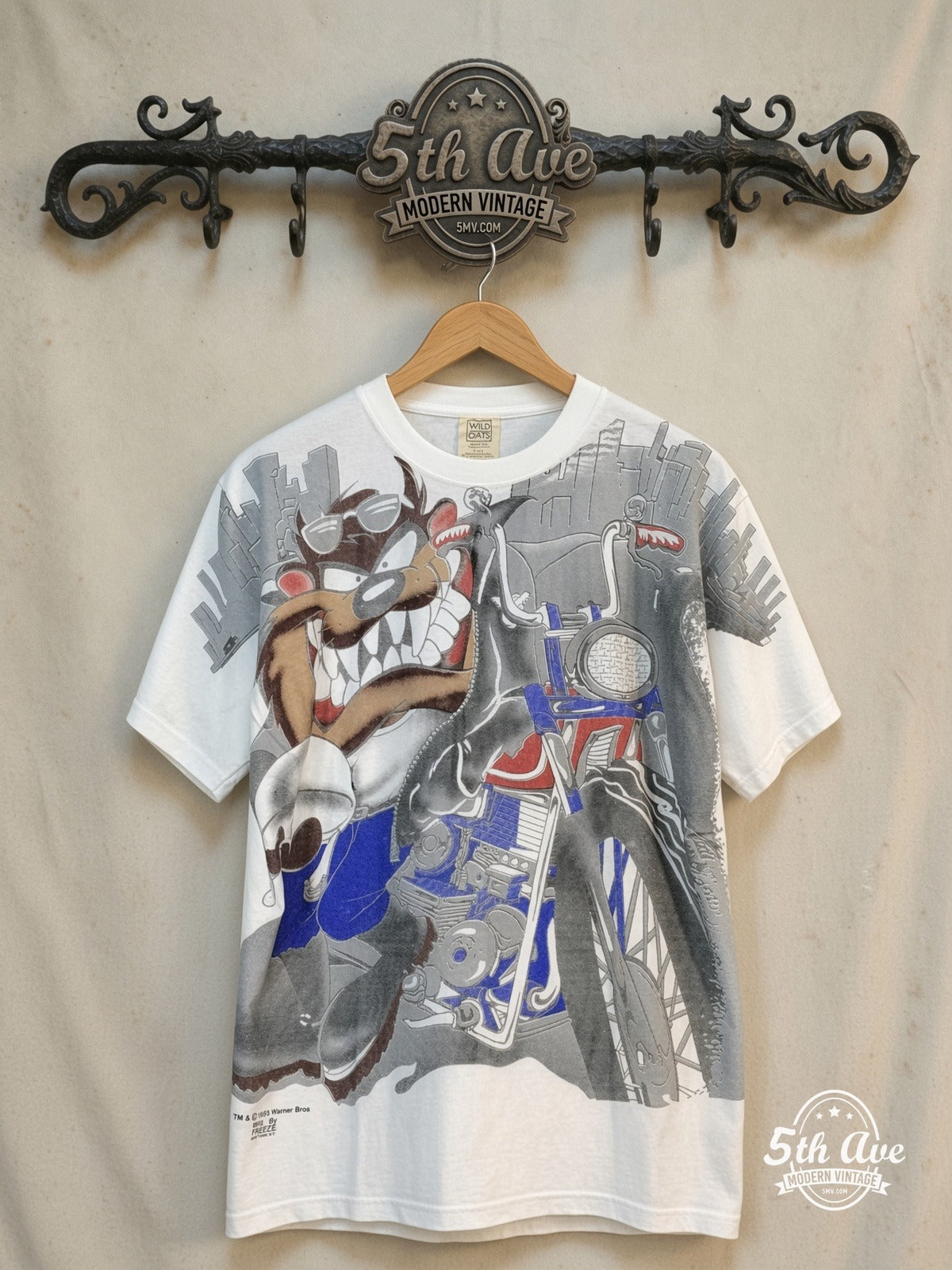 Looney Tunes – Taz-Mania Animation Devil AOP Vintage T-Shirt – New Vintage Graphic Tee — front on locked cream ornate 5th Ave rack