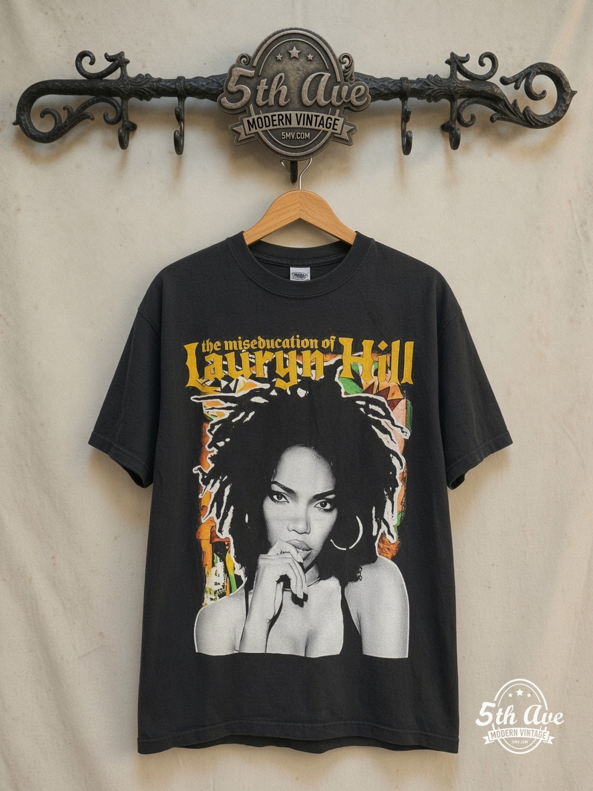 Lauryn Hill – The Miseducation of Lauryn Hill – Vintage Band T-Shirt — front on locked cream ornate 5th Ave rack