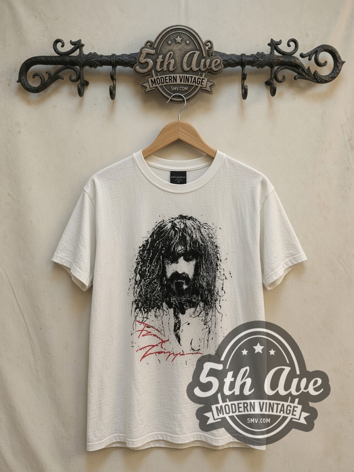 Frank Zappa Portrait Sketch Red Signature vintage band t-shirt, front view on a display rack