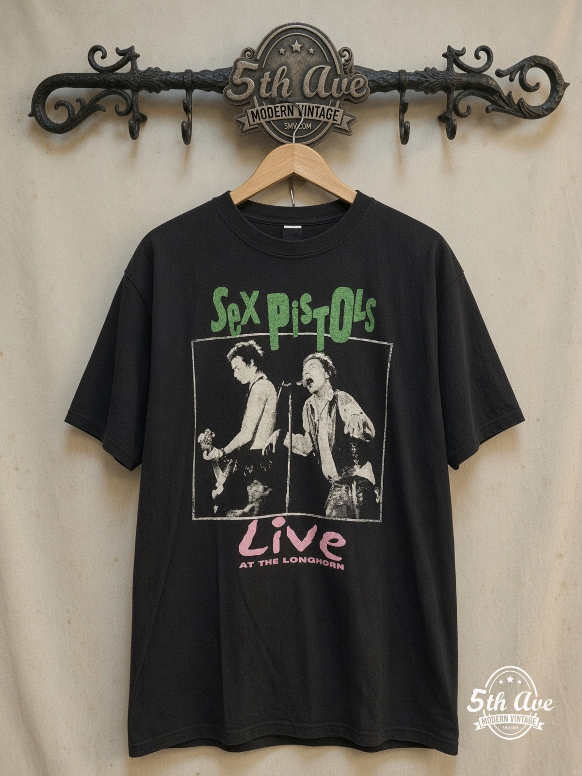 Sex Pistols – Live at the Longhorn – Vintage Band T-Shirt — front on locked cream ornate 5th Ave rack