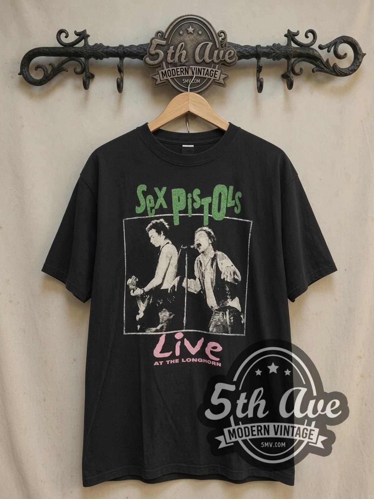Sex Pistols Live at the Longhorn vintage band t-shirt, front view on the 5MV rack