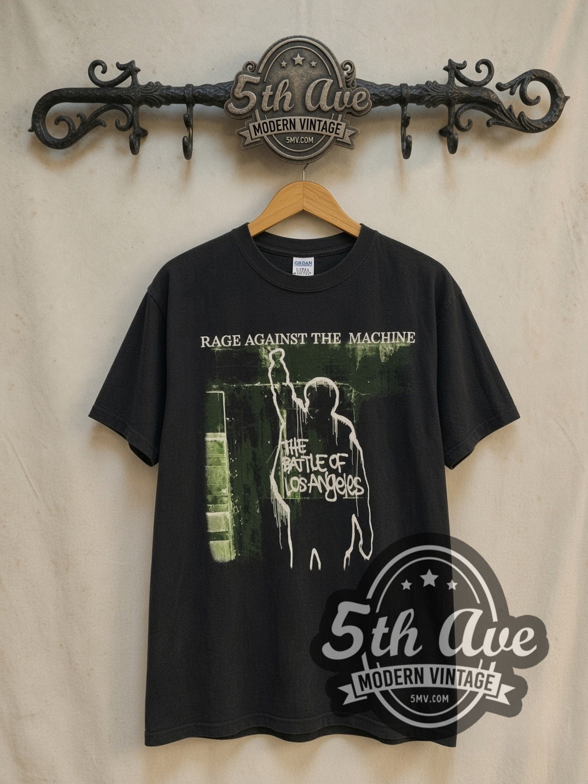 Rage Against the Machine The Battle of Los Angeles Green Light vintage band t-shirt in black, front view on a display rack