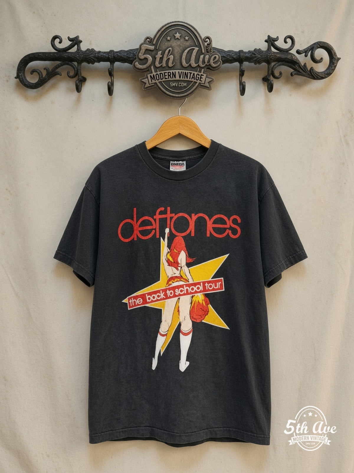 Deftones – The Back to School Tour B2S – Vintage Band T-Shirt — front on locked cream ornate 5th Ave rack