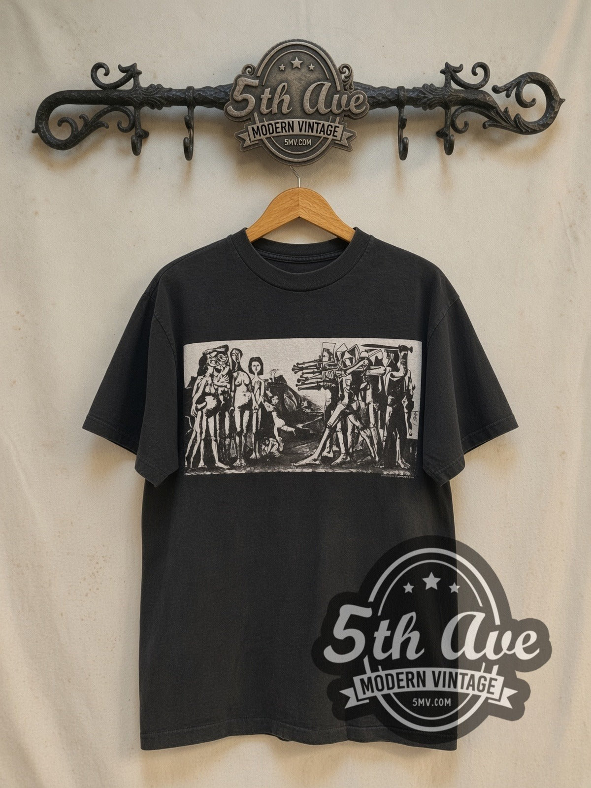 Nirvana 1993 Concert Lineup vintage band t-shirt in black, front view on a display rack