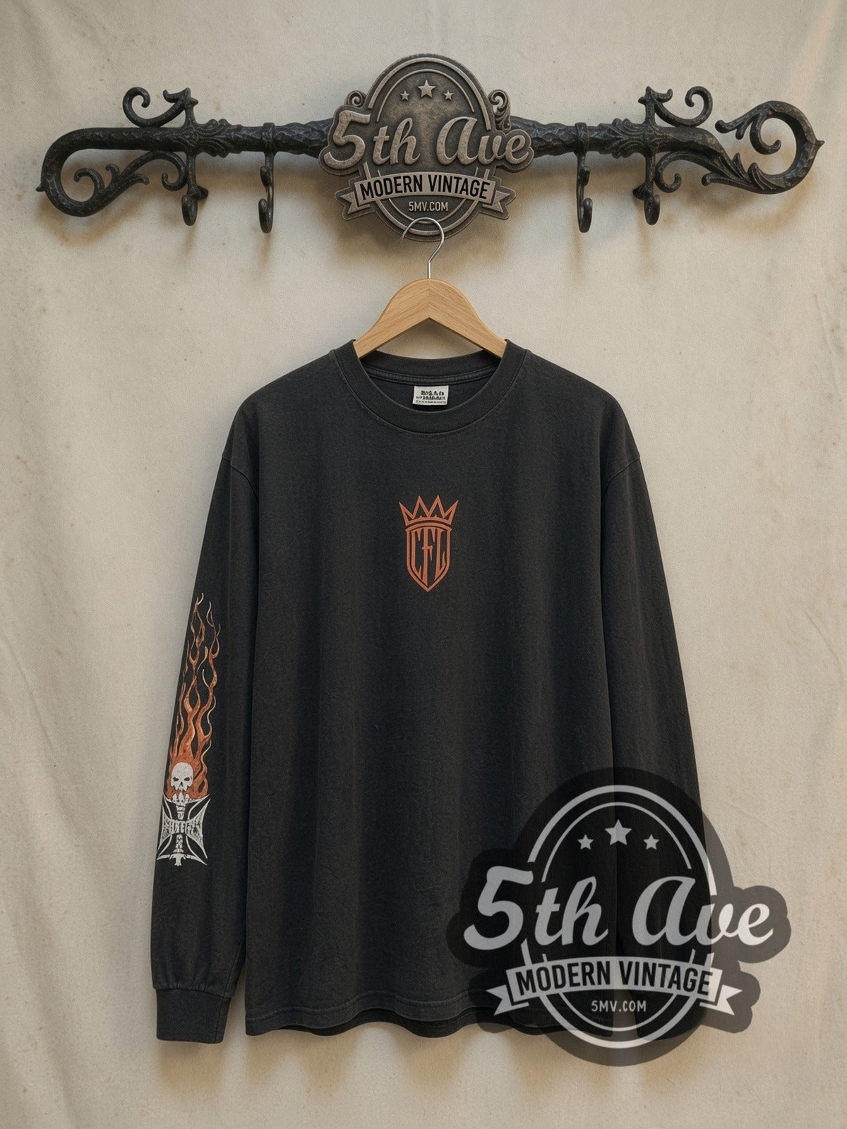 West Coast Choppers Orange Iron Cross CFL Crown vintage graphic long sleeve t-shirt, front view on a display rack