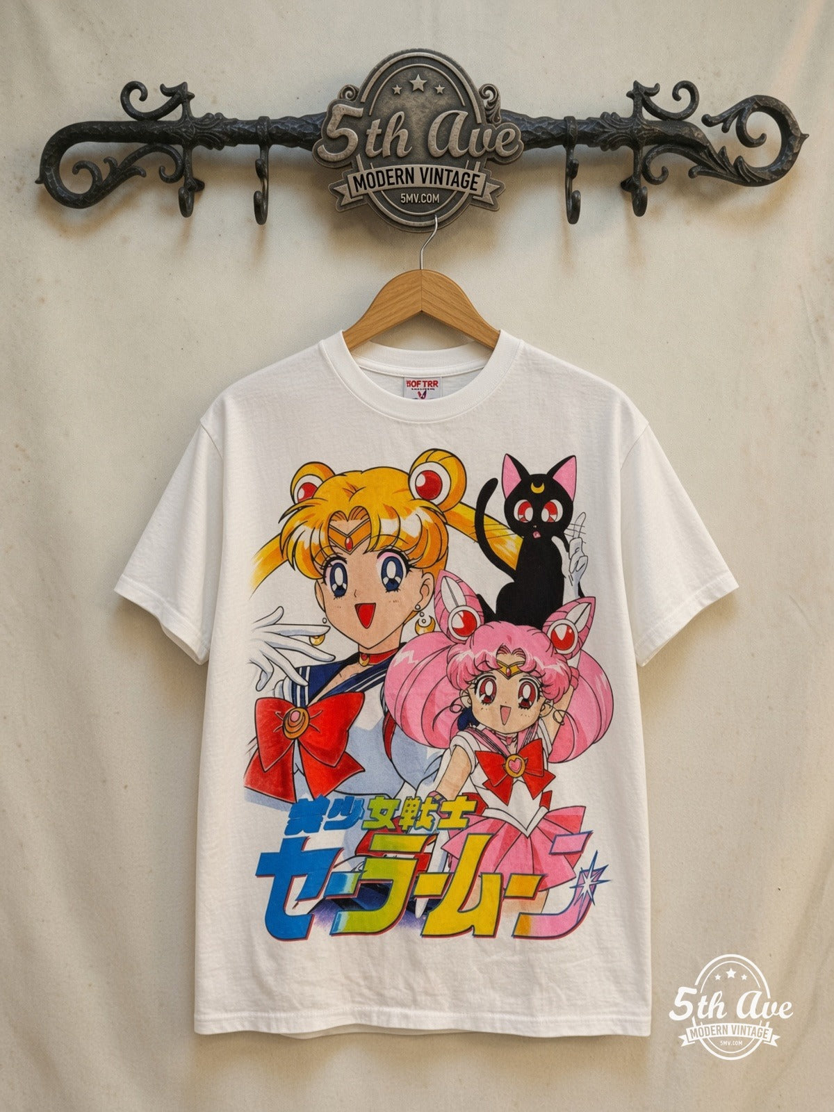 Sailor Moon – Sailor Chibi Moon and Luna – New Vintage Anime Tee — front on locked cream ornate 5th Ave rack