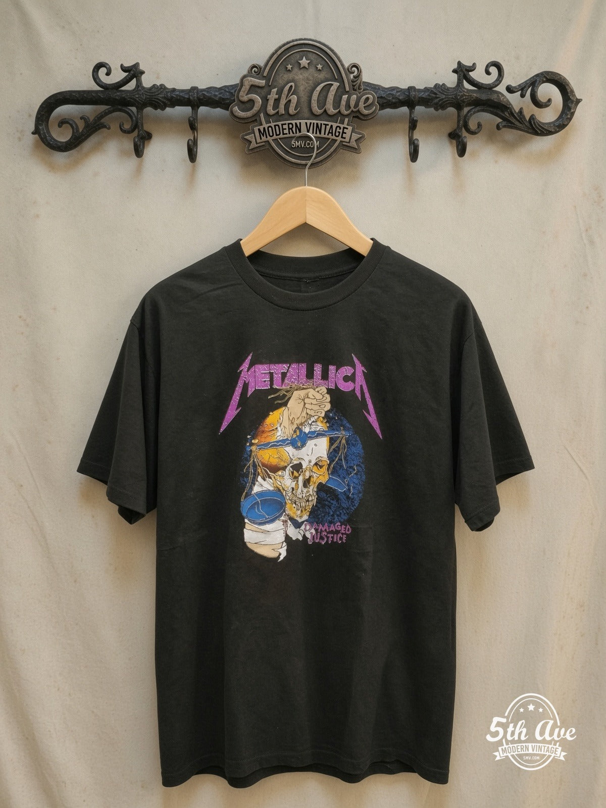 KISS – METALLICA 100% Cotton New Vintage Band T-Shirt – Vintage Band T-Shirt — front on locked cream ornate 5th Ave rack