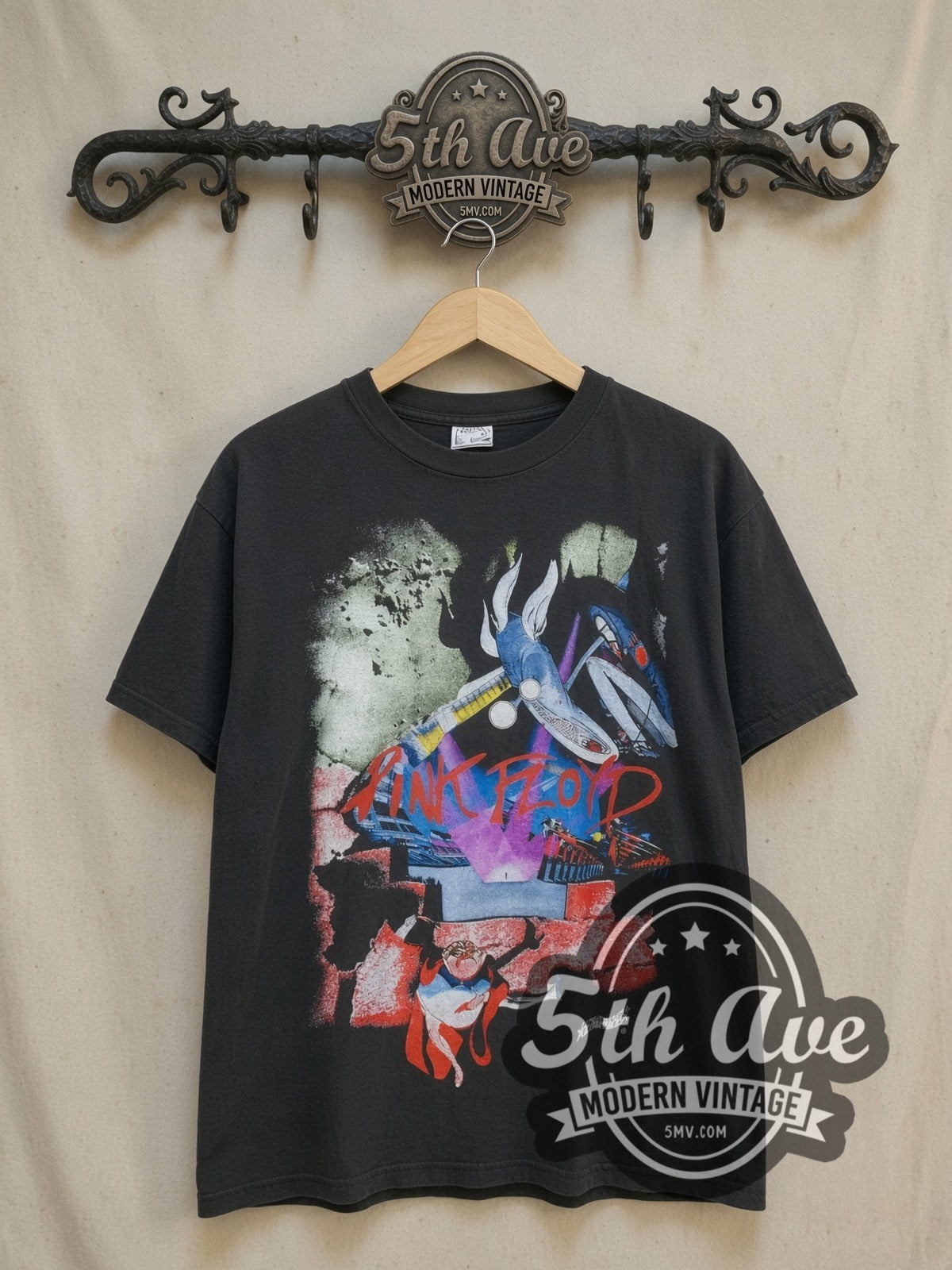 Pink Floyd The Wall Movie Collage Judge vintage band t-shirt, front view on a display rack