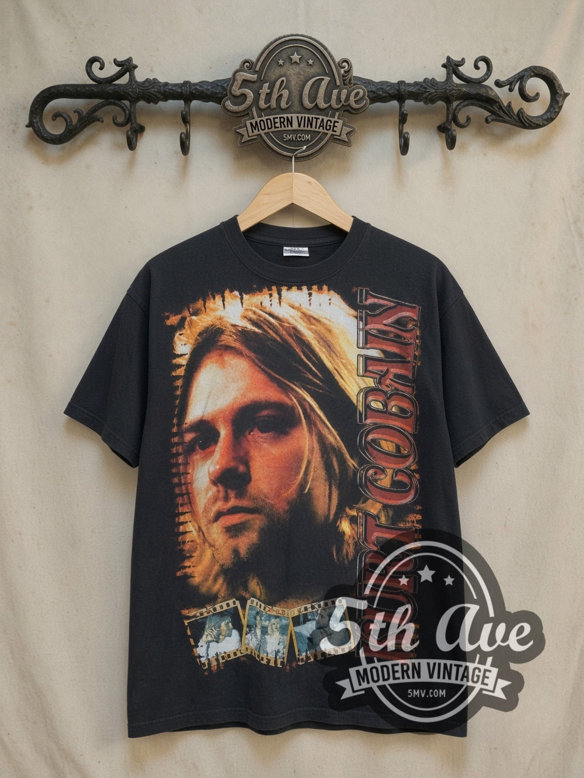 Nirvana Kurt Cobain Portrait with Live Stage Back vintage band t-shirt, front view on the 5MV rack